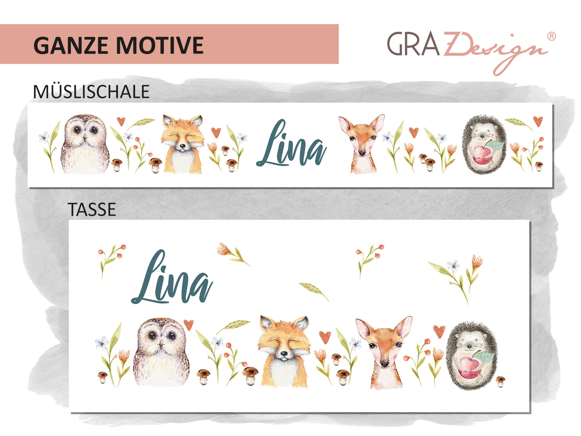 Müslischale und Tasse mit Tiermotiven und dem Namen Lina.