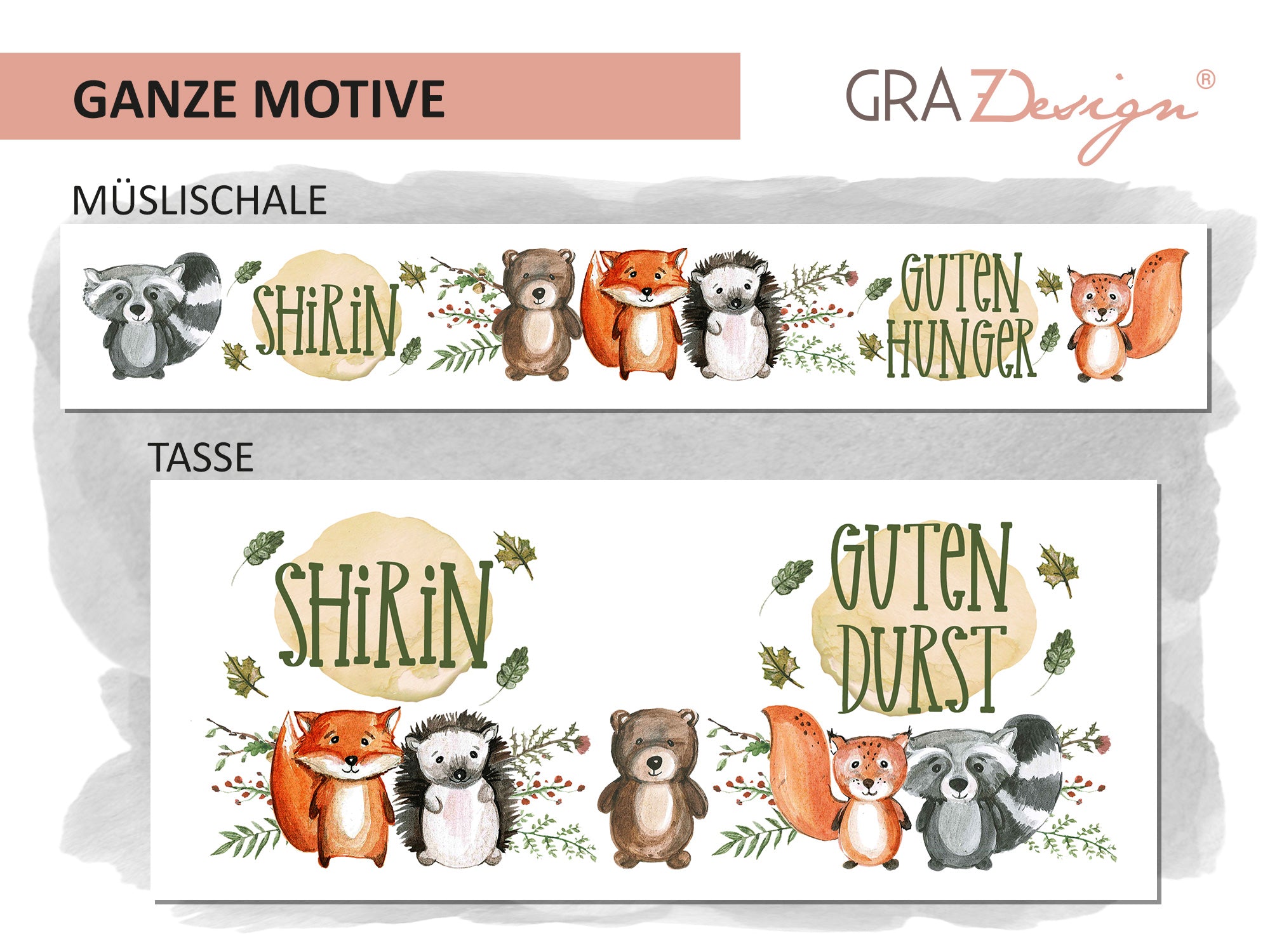 Müslischale und Tasse mit bunten Tiermotiven und Text.