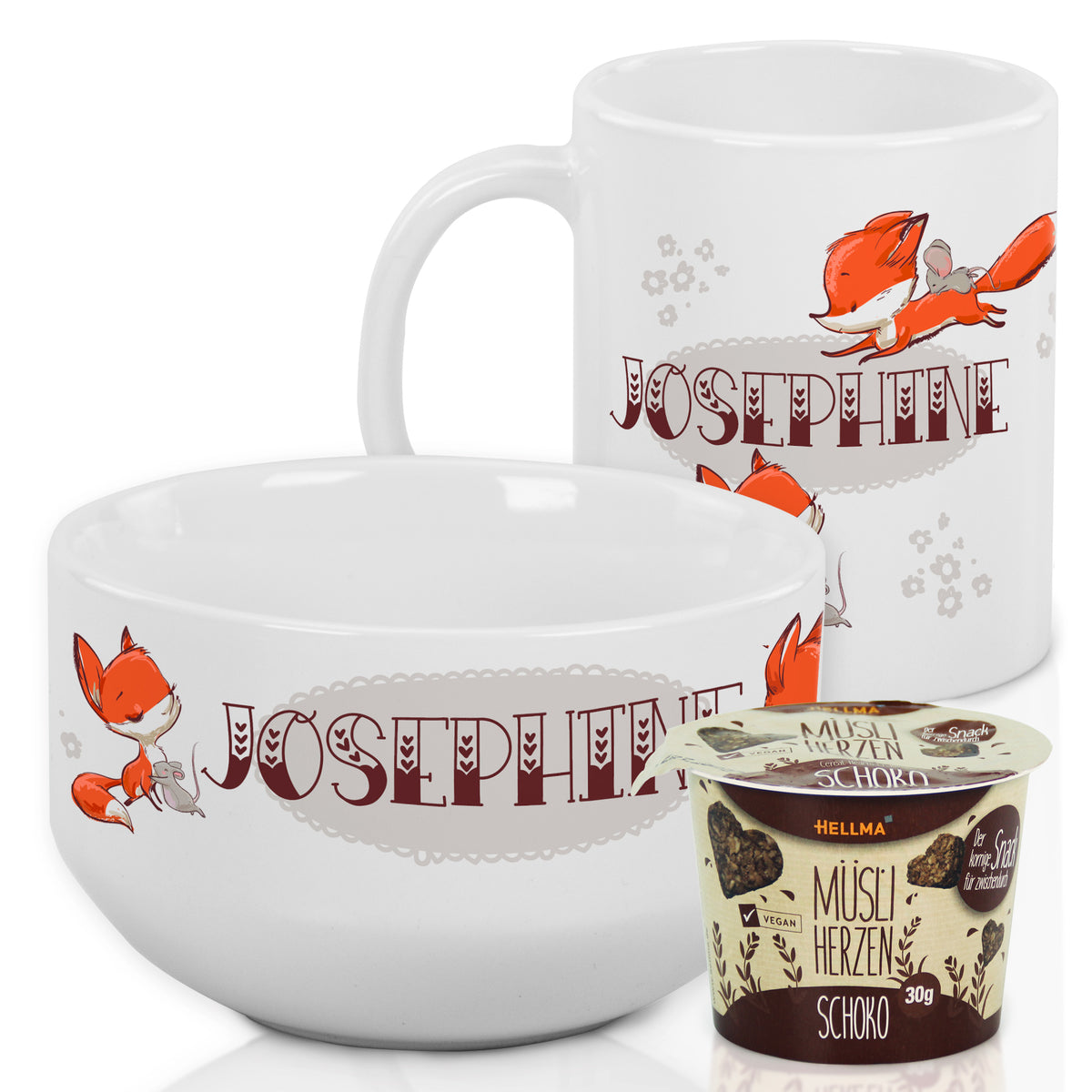 Weißes Geschirrset mit Fuchs-Motiv, Tasse und Schüssel.
