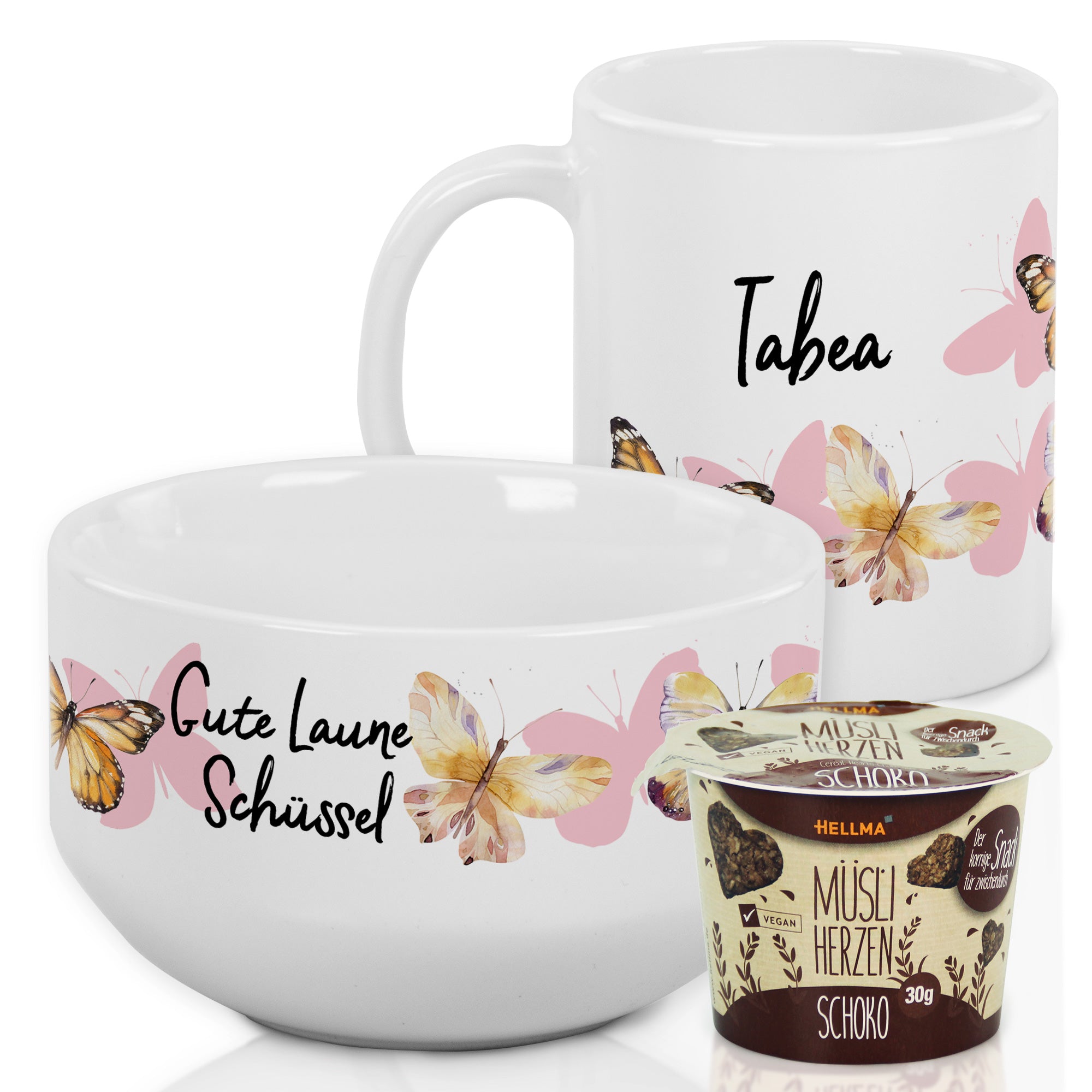 Personalisierte Kinder Schüssel & Tasse mit Namen – Schmetterlinge & Gute Laune