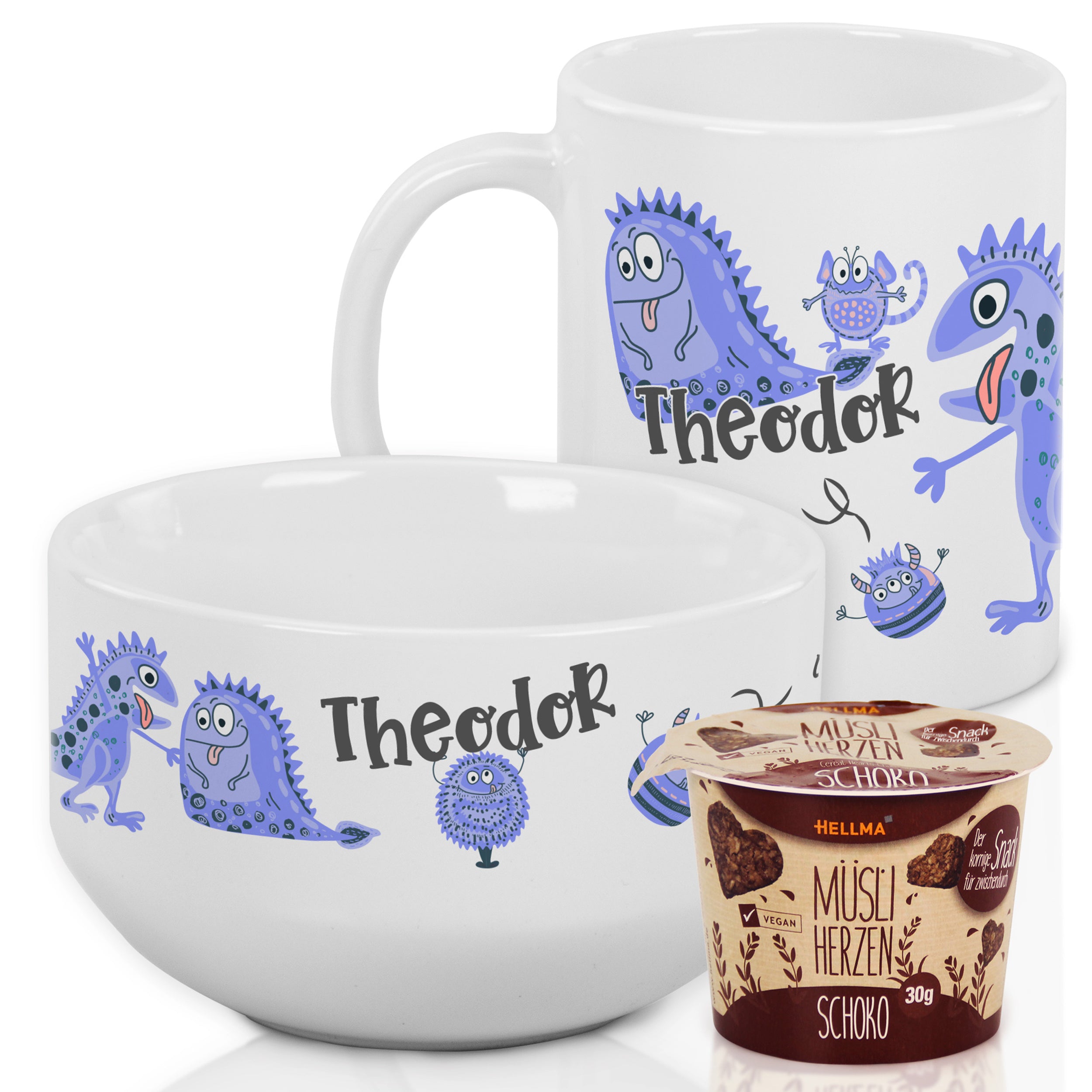 Tasse und Schüssel mit blauen Monster-Motiven, personalisiert.