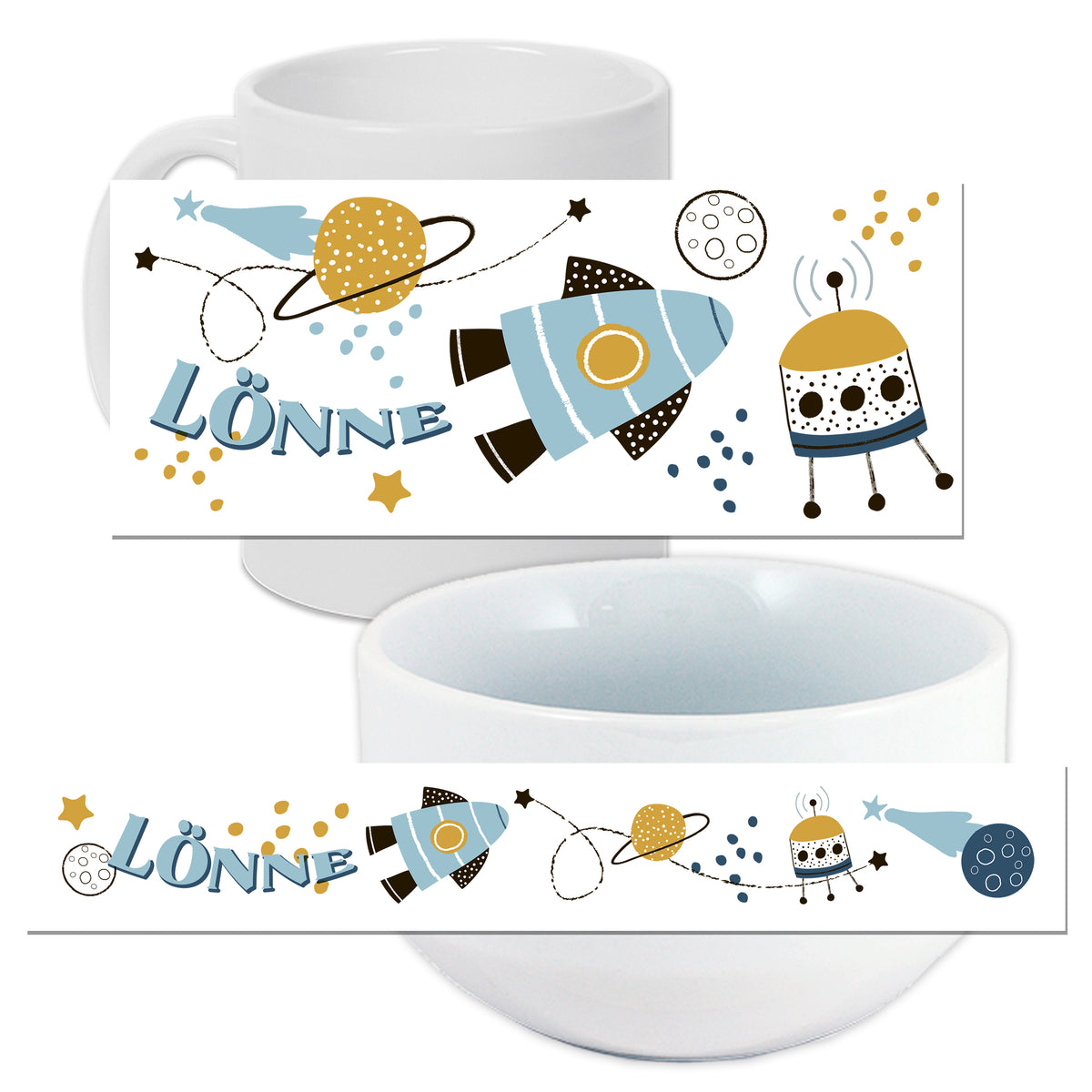 Weiße Tasse und Schüssel mit buntem Weltraumdesign.