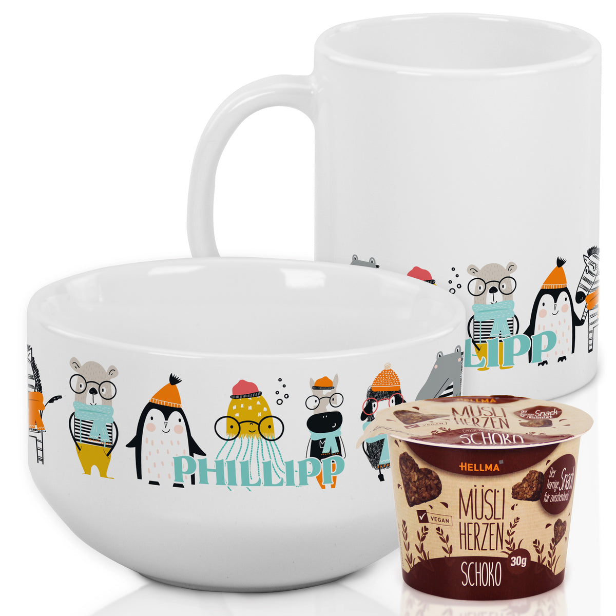 Weißer Becher und Schüssel mit bunten Tiermotiven, Schoko-Müsli.
