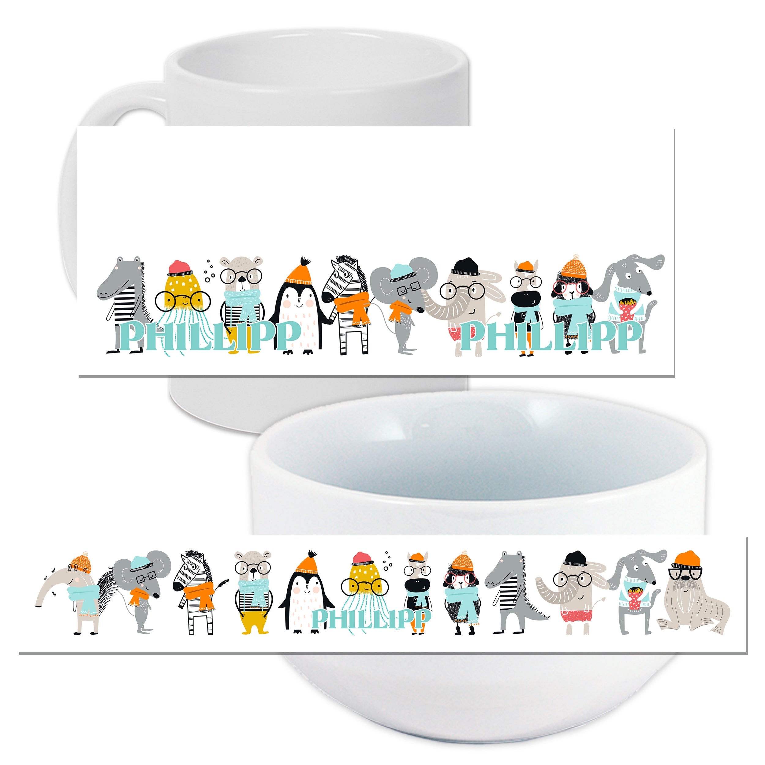 Tasse und Schüssel mit buntem Tiermotiv und Schriftzug.