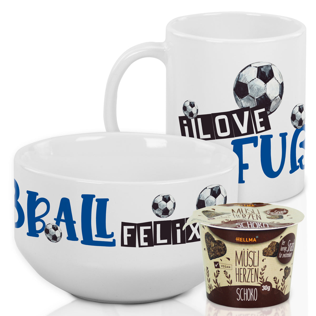 Weißes Geschirrset mit Fußballmotiv, Becher und Schüssel.