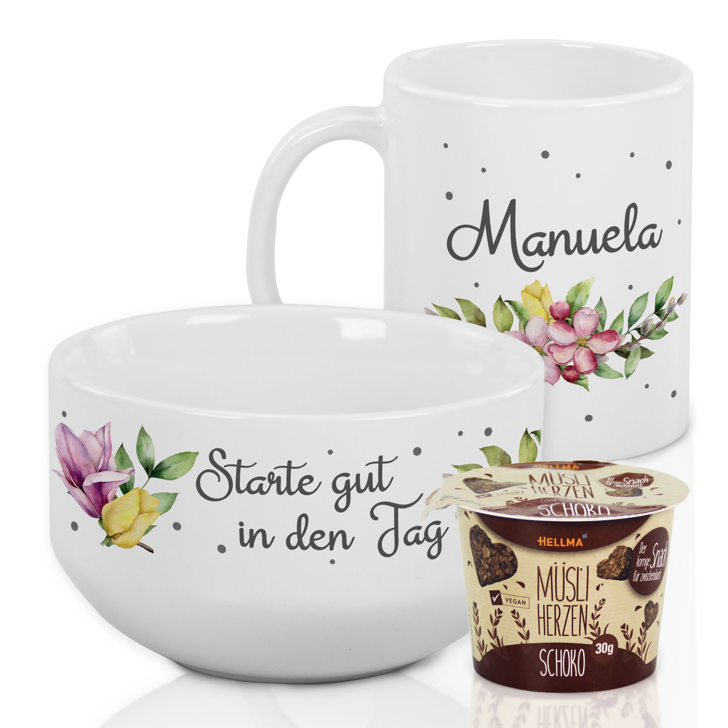 Kaffeetasse und Müslischale mit Blumenmotiven, personalisiert.