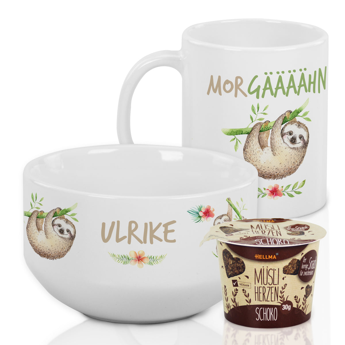 Tasse und Schüssel mit Faultier-Motiv, weiß, personalisiert.