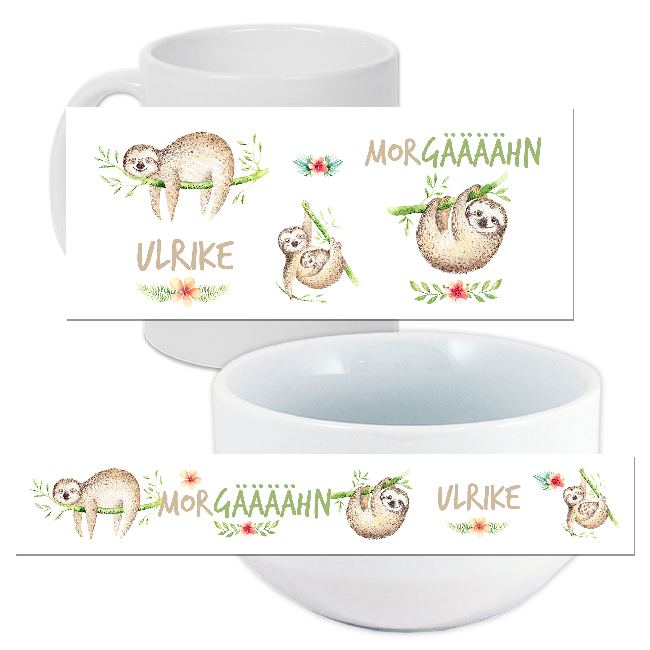 Tasse und Schüssel mit Faultieren und personalisiertem Text.