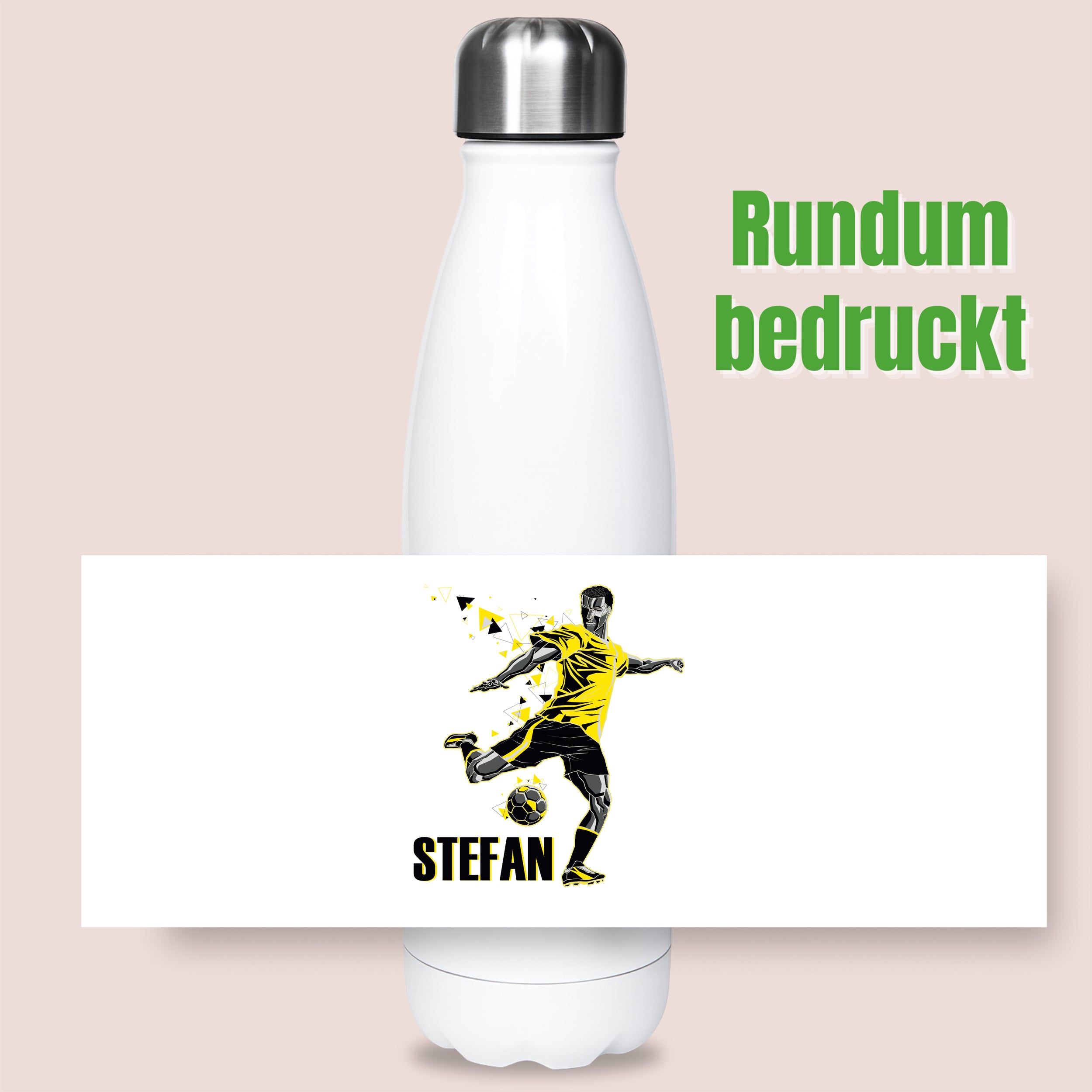 Weiße Trinkflasche mit gelbem Fußballspieler-Design und Namen "STEFAN".