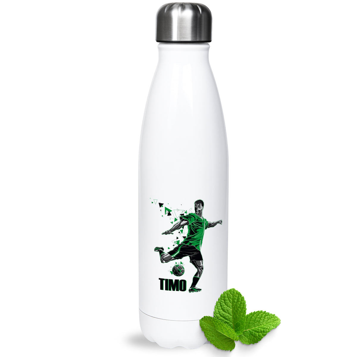 Weiße Sportflasche mit grünem Fußballspieler und Namen Timo.