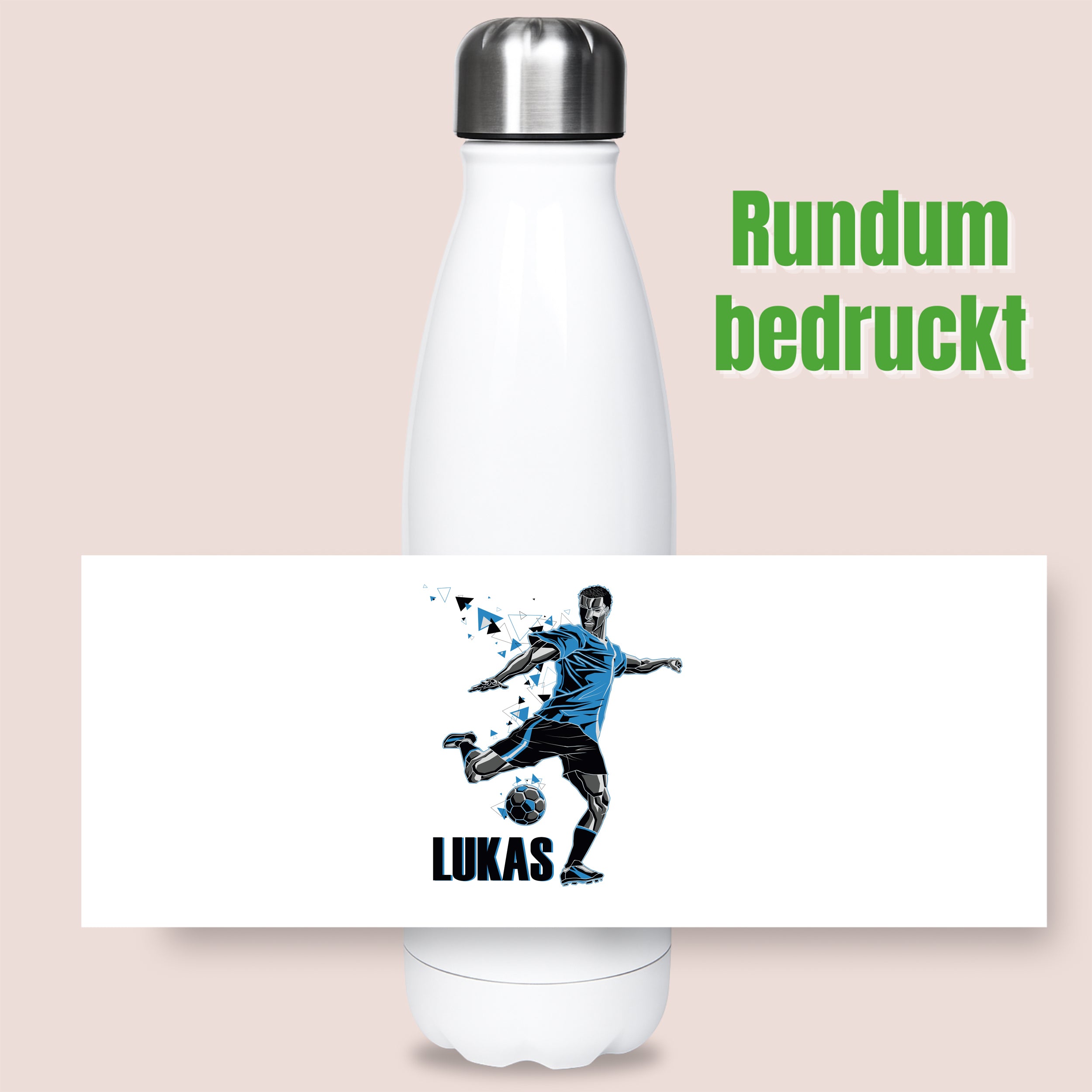 Weiße Trinkflasche mit blauem Fußballspieler und Namen "LUKAS".