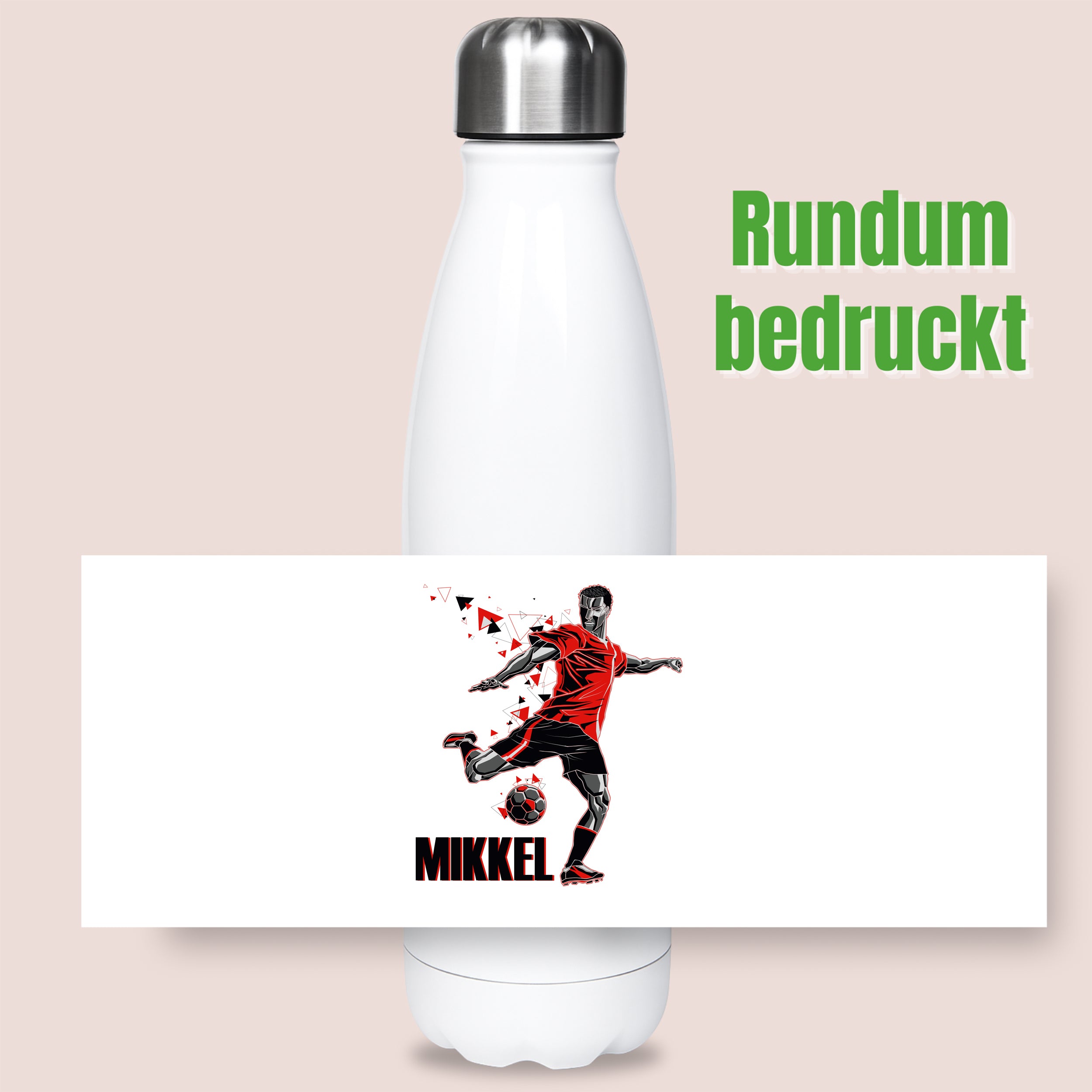 Weiße Trinkflasche mit rot-schwarzem Fußballspieler-Design.