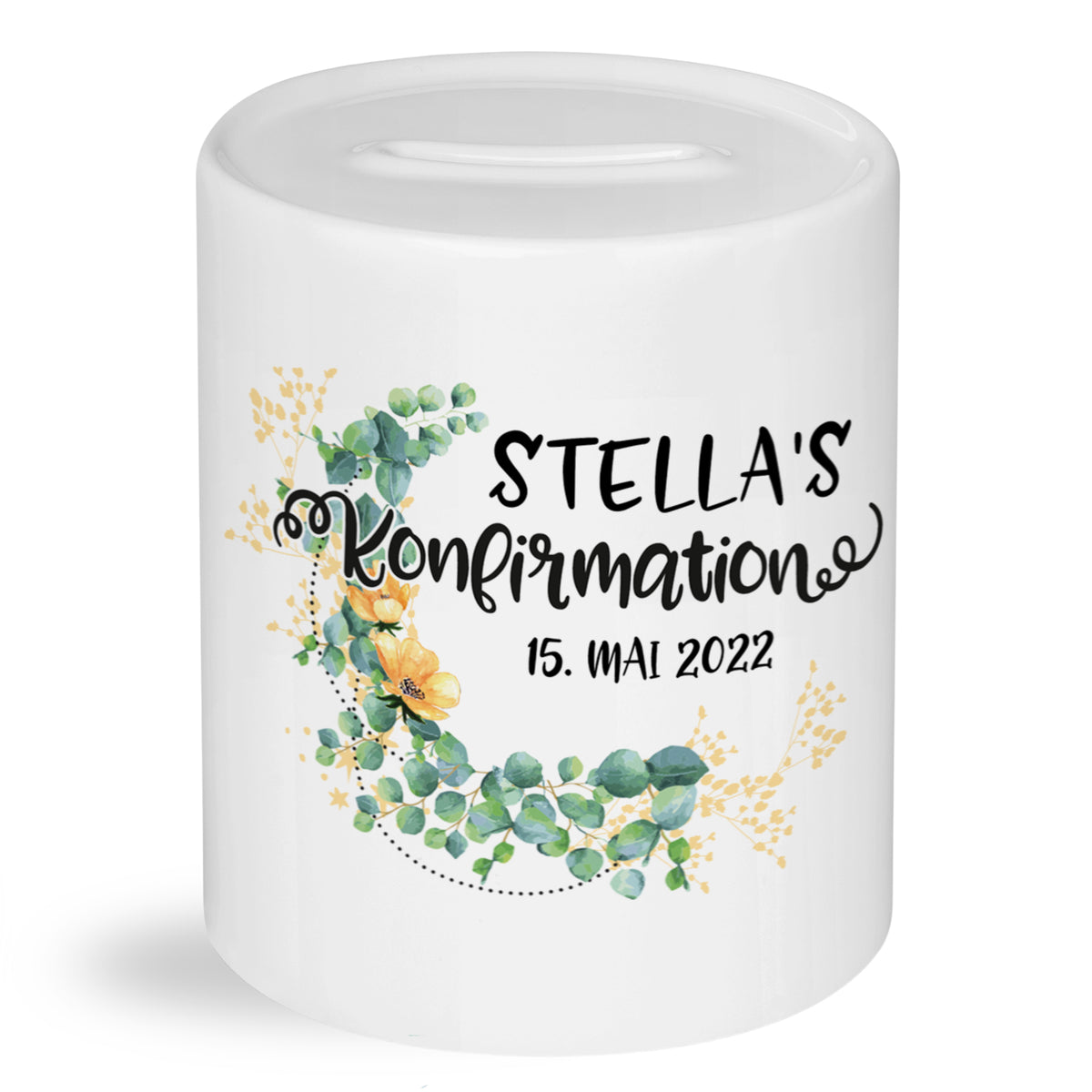 Spardose zur Konfirmation mit grünem Schriftmotiv und Wunschname