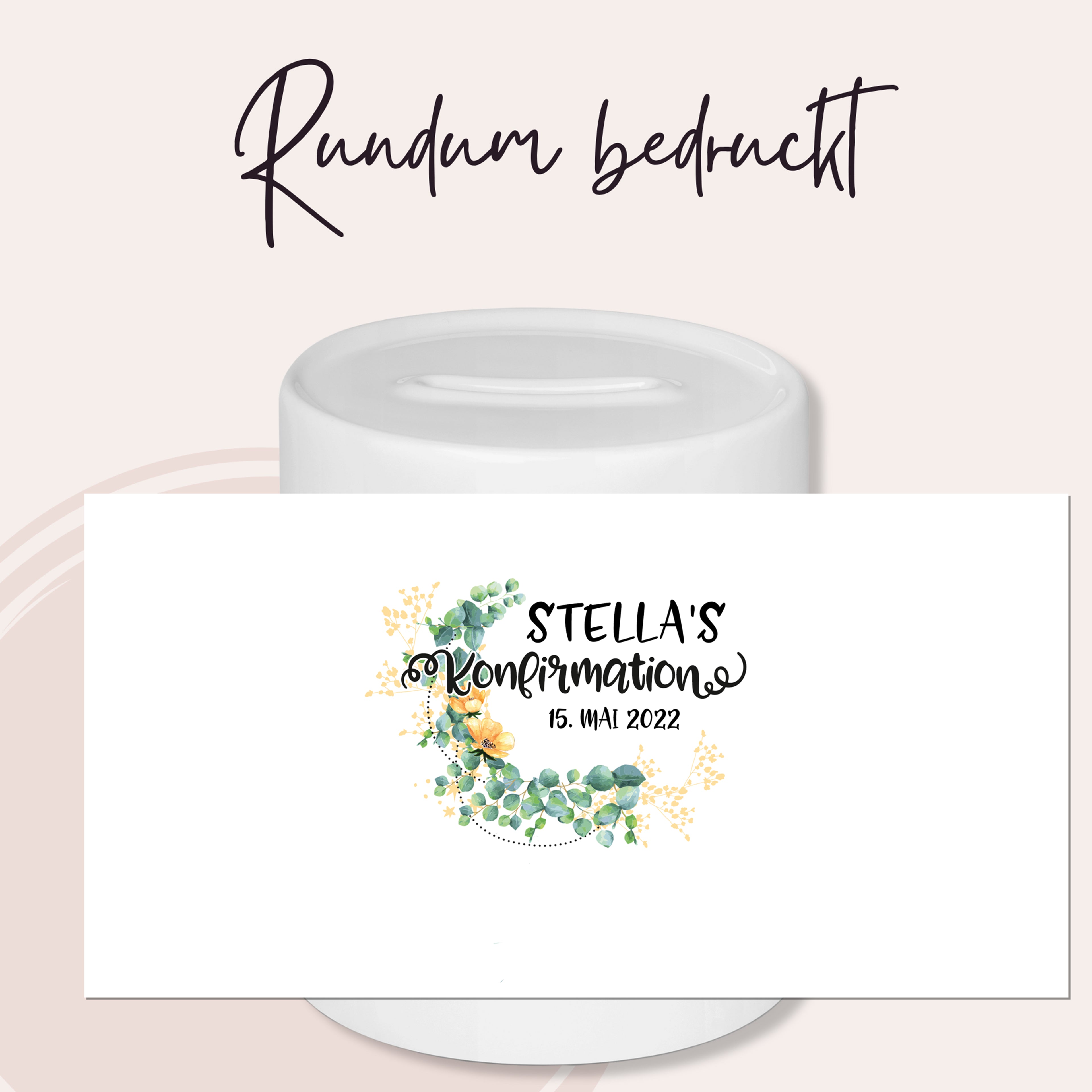 Spardose zur Konfirmation mit grünem Schriftmotiv, grafische Motivansicht