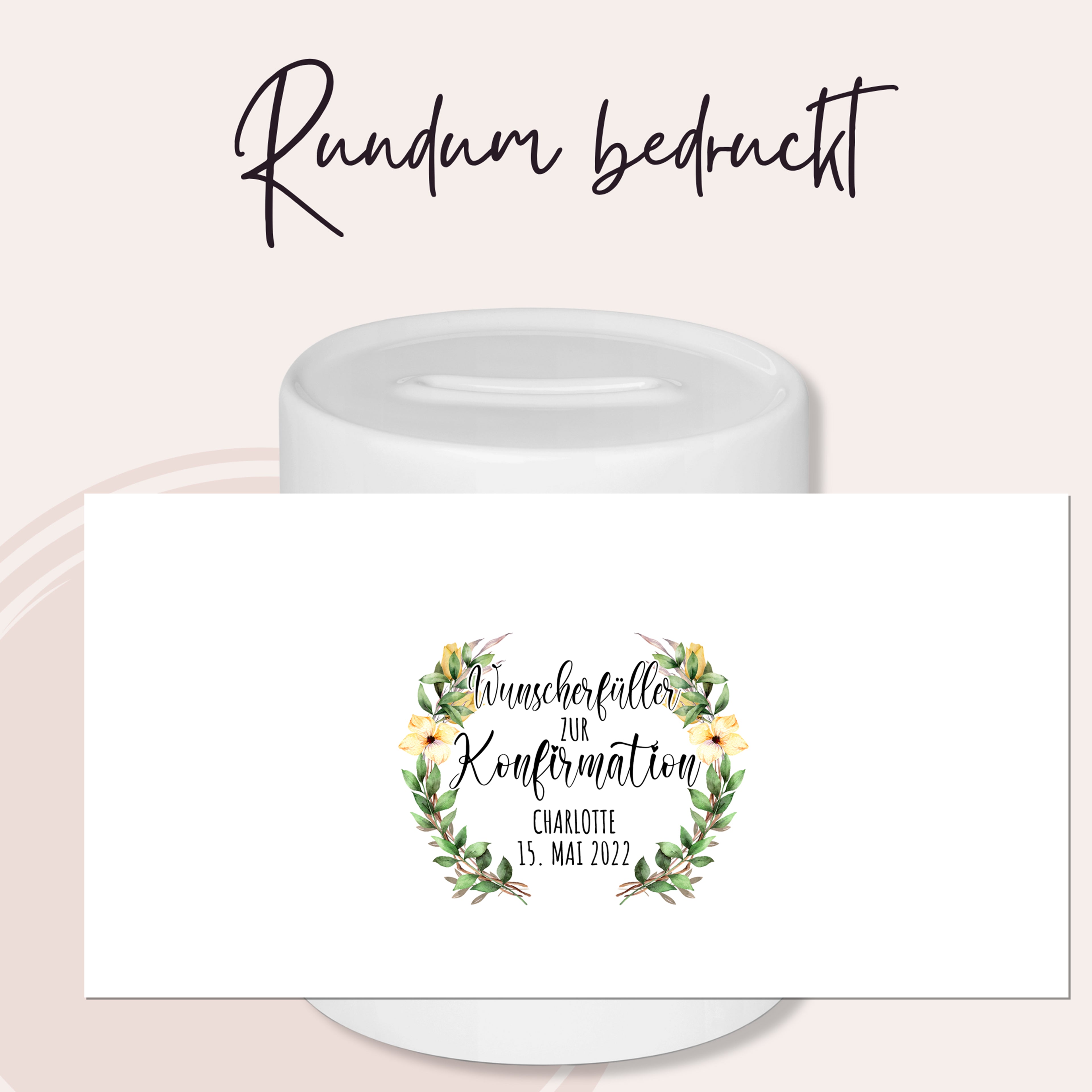 Spardose zur Konfirmation mit Wunschname, grafische Motivansicht