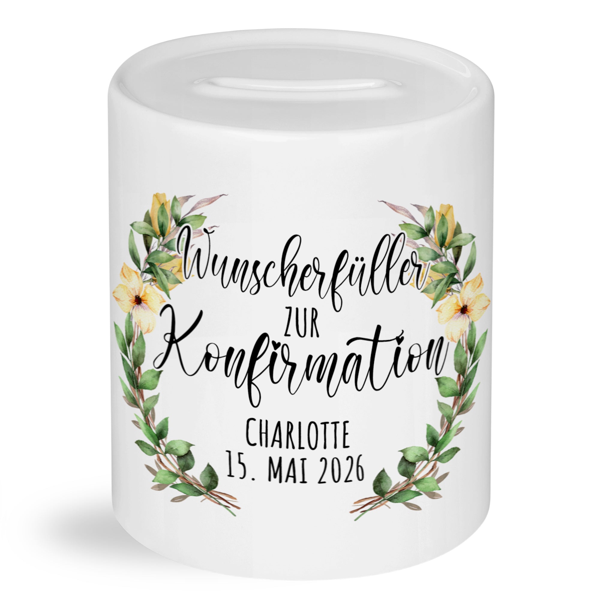 Spardose zur Konfirmation mit Wunschname und Blättermotiv