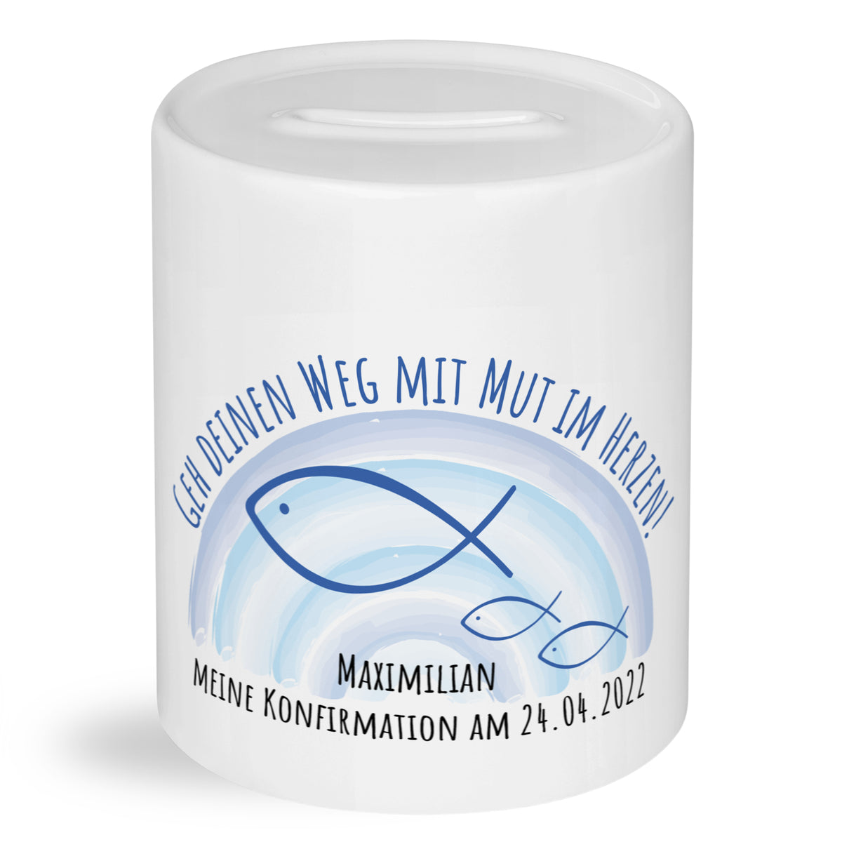 Spardose zur Konfirmation mit Fischen und Wunschname