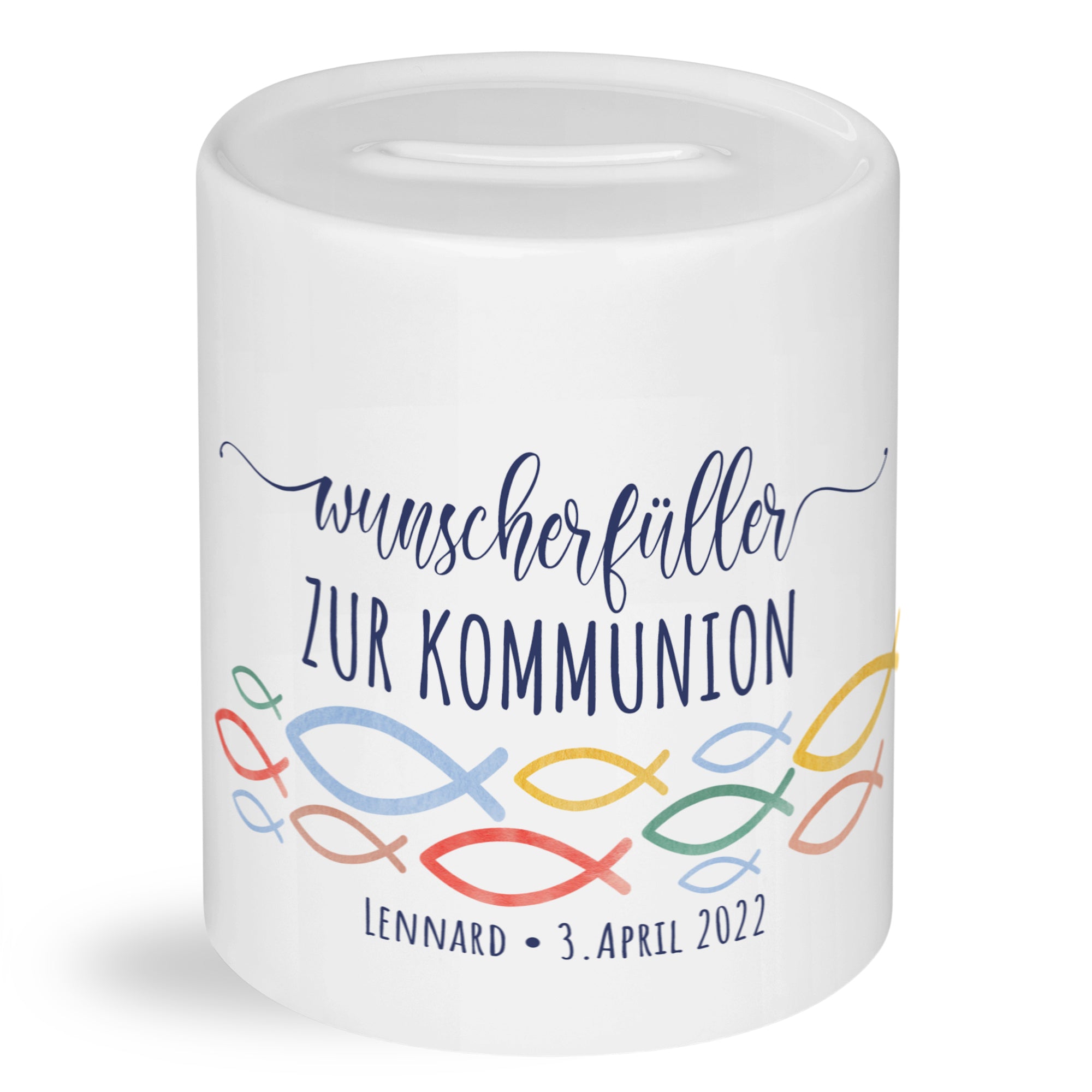 Spardose zur Kommunion mit Fischmotiv und Wunschname