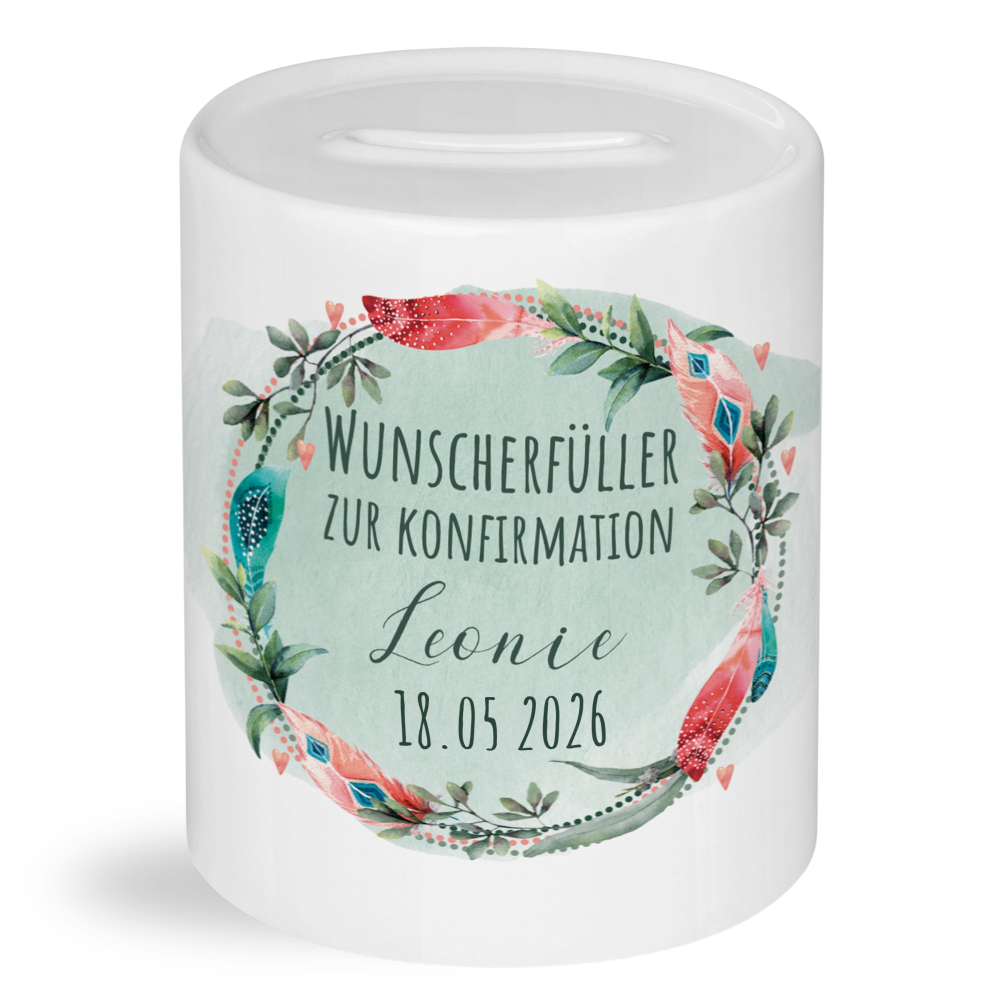 Spardose zur Konfirmation mit Blumenkranz und Wunschname