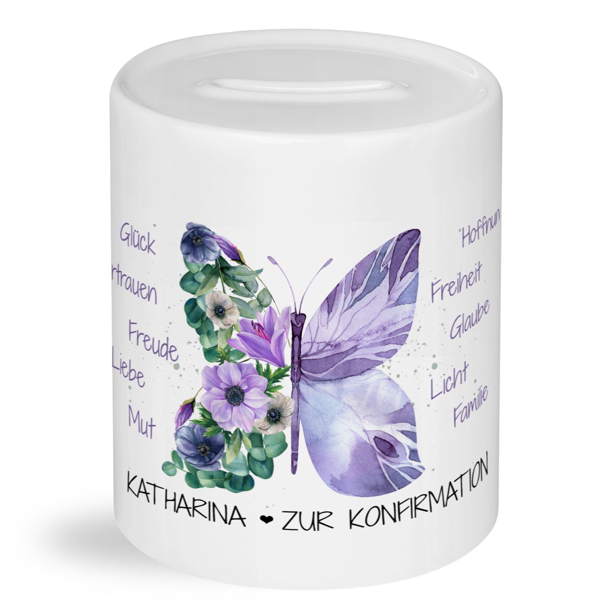 Spardose zur Konfirmation mit Schmetterling und Wunschname