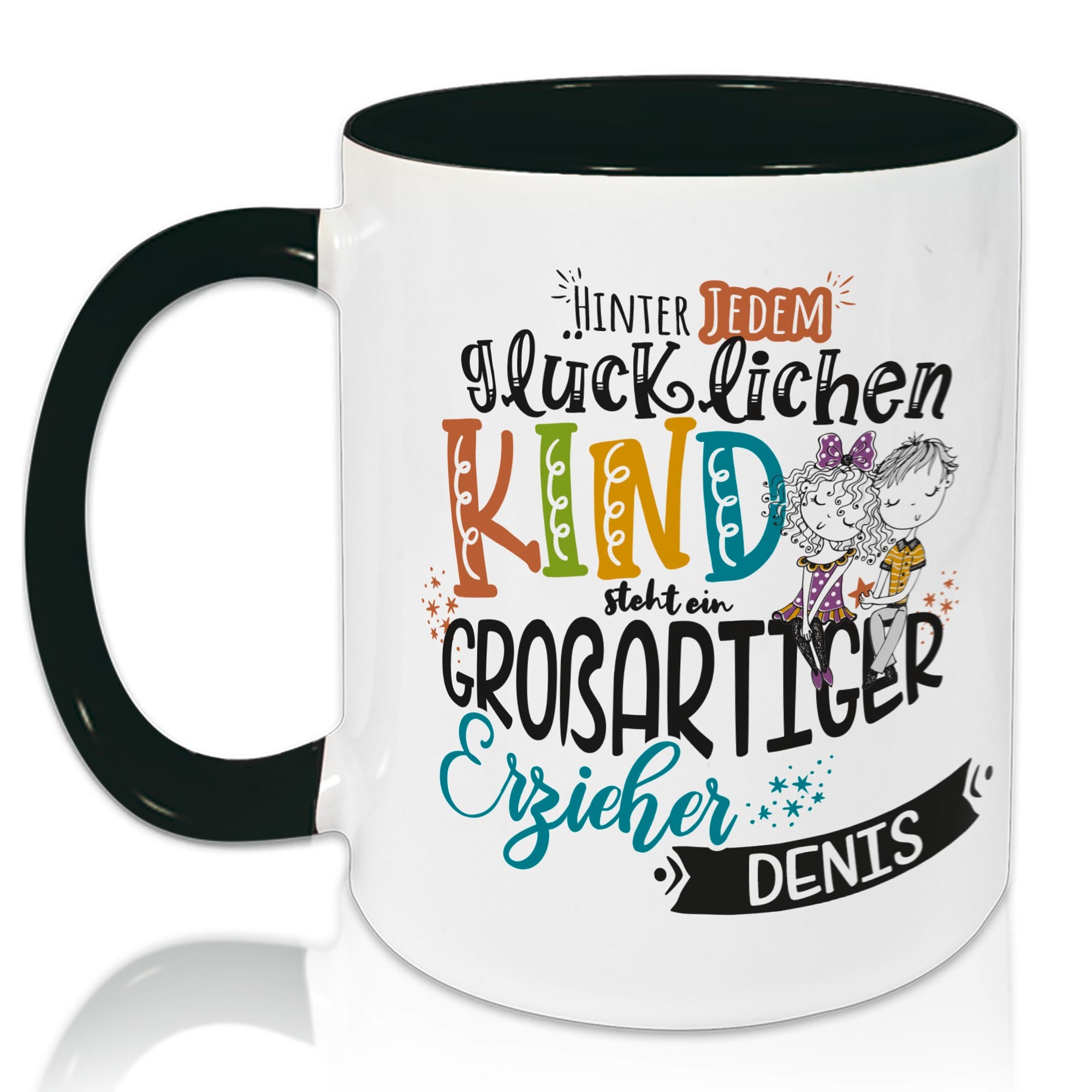 Tasse mit buntem Text über Erzieher Denis.