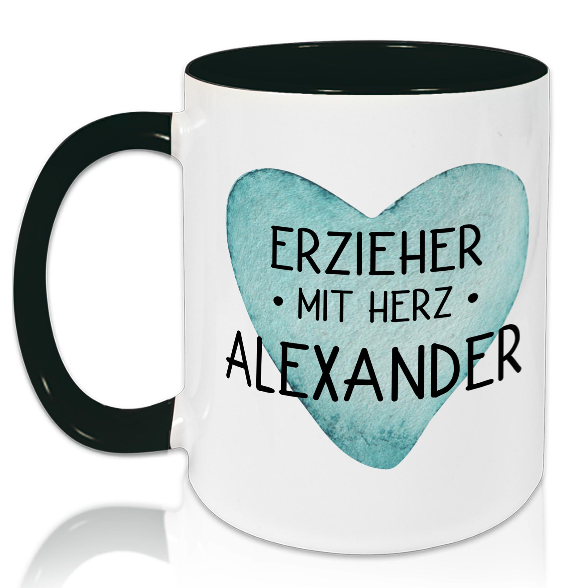 Tasse mit schwarzem Henkel, Herzmotiv, personalisiert für Alexander.