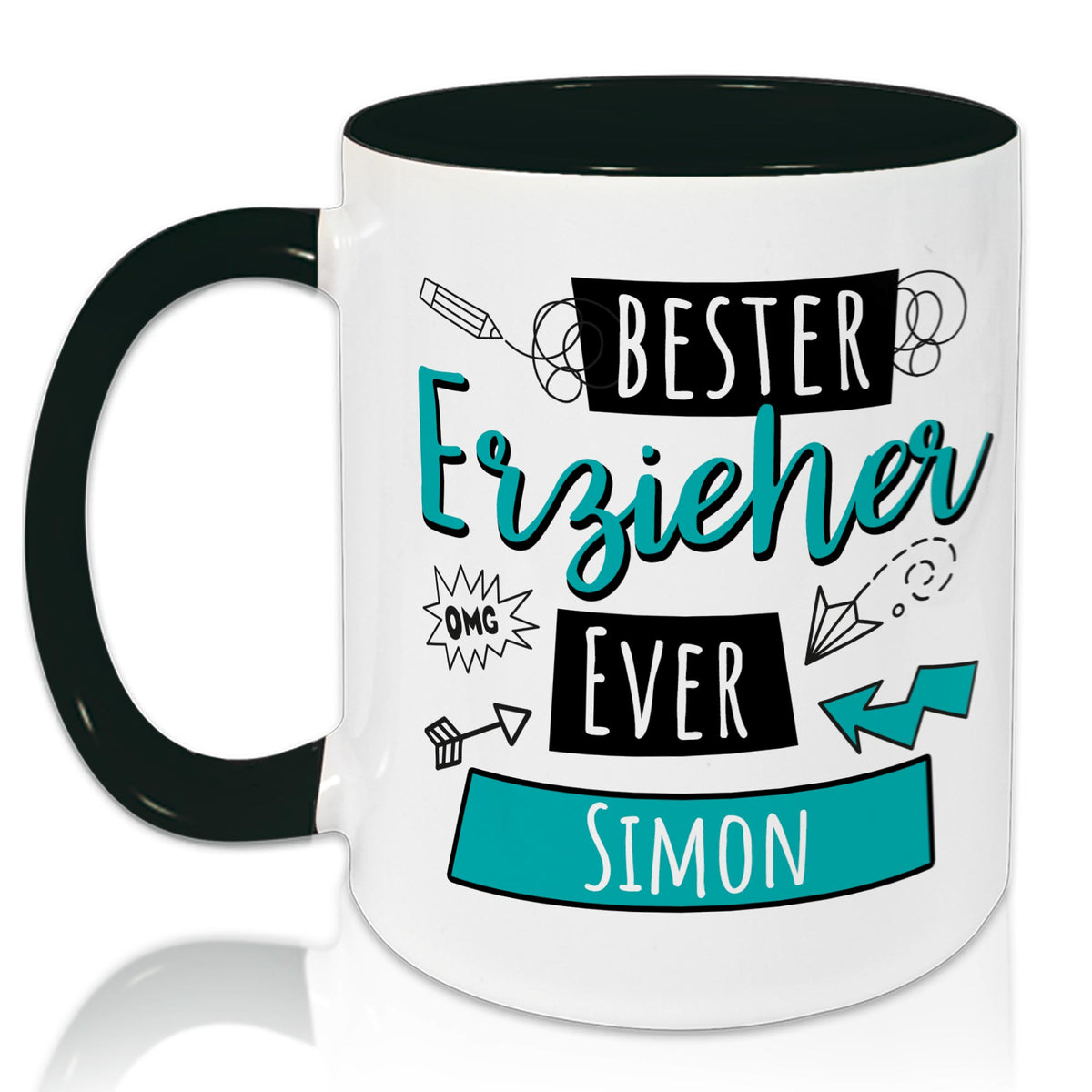Tasse mit Aufschrift "Bester Erzieher Ever Simon", schwarz-weiße Farben.