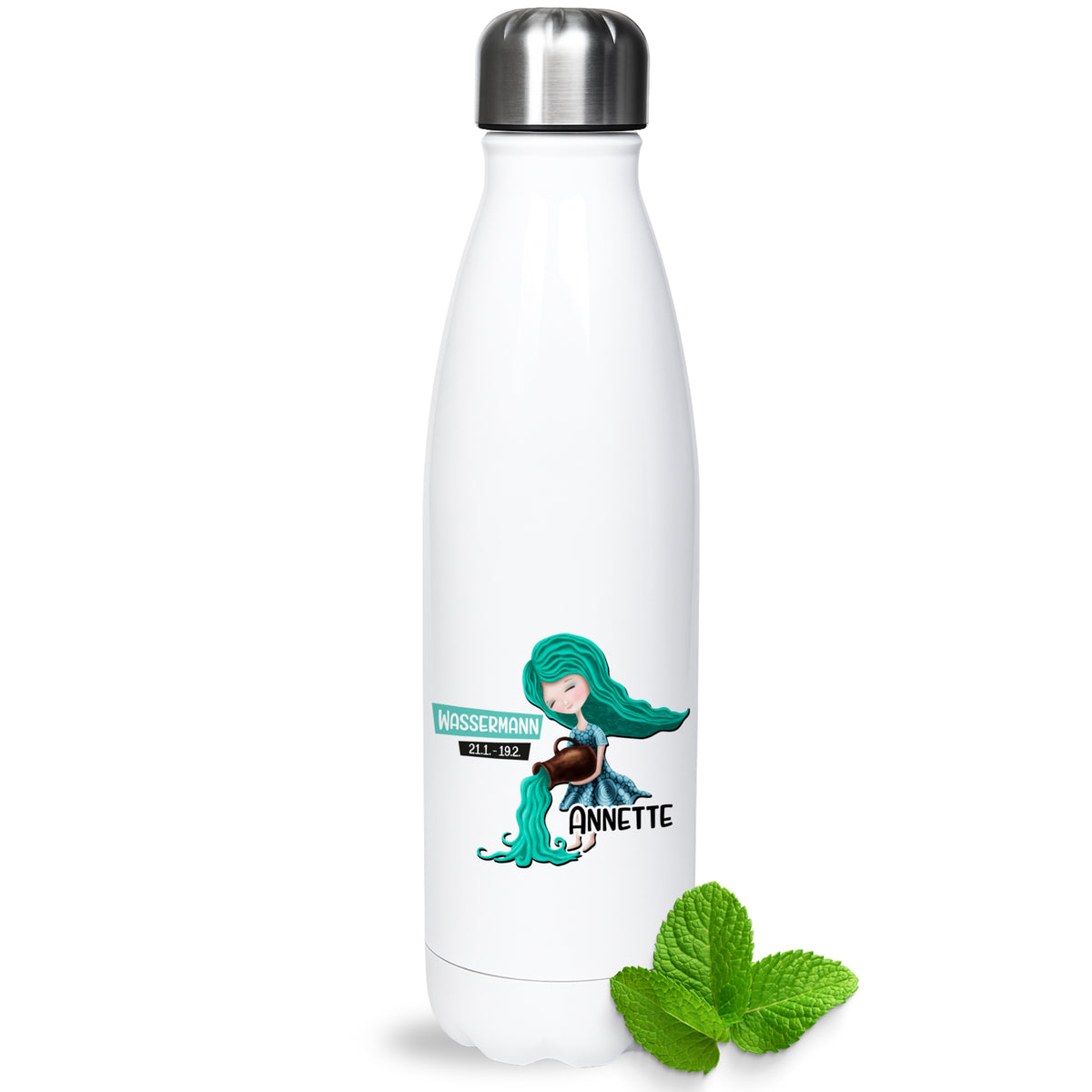 Weiße Edelstahl-Trinkflasche mit Wassermann-Design und Mintblatt.