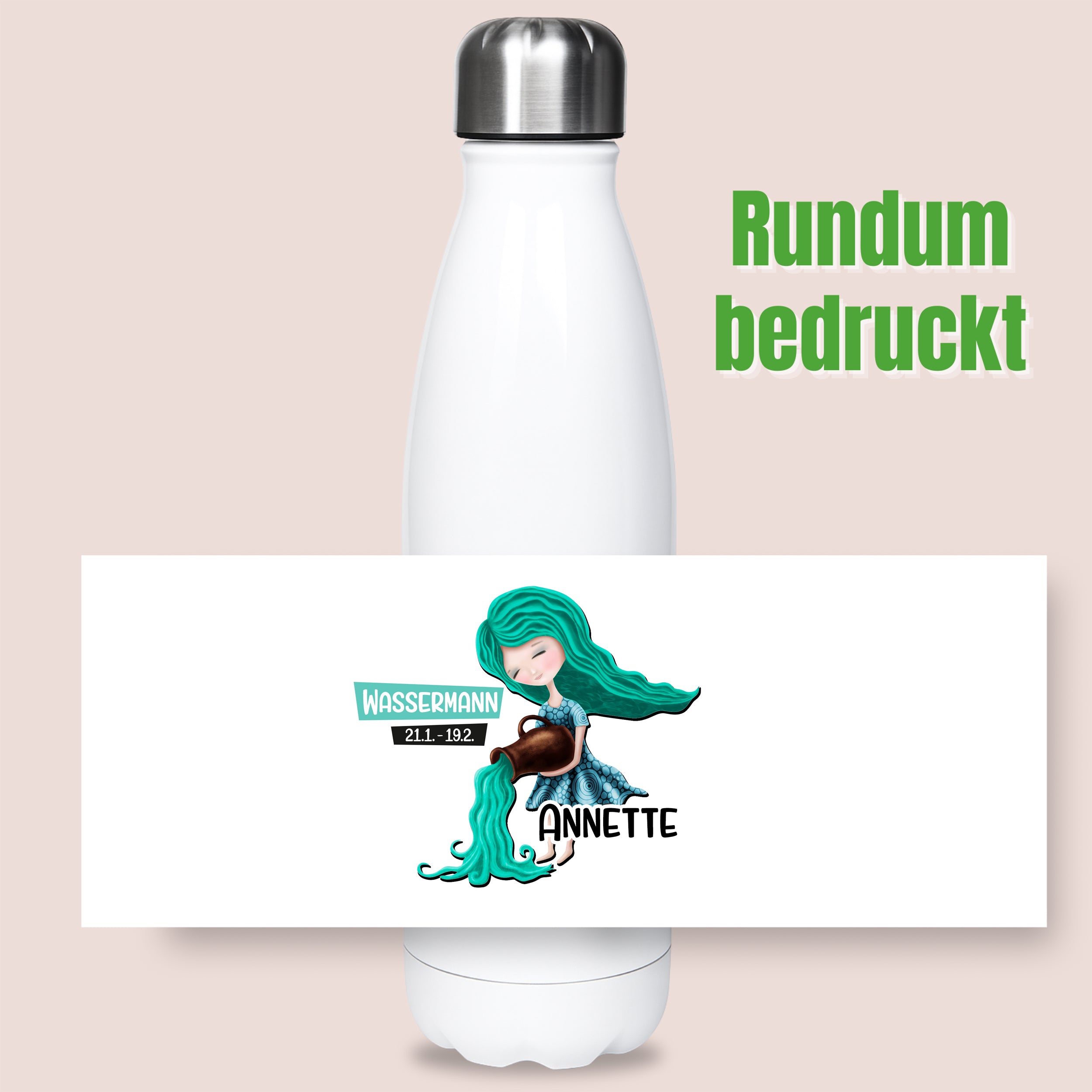 Weiße Trinkflasche mit Wassermann-Motiv und grünen Akzenten.