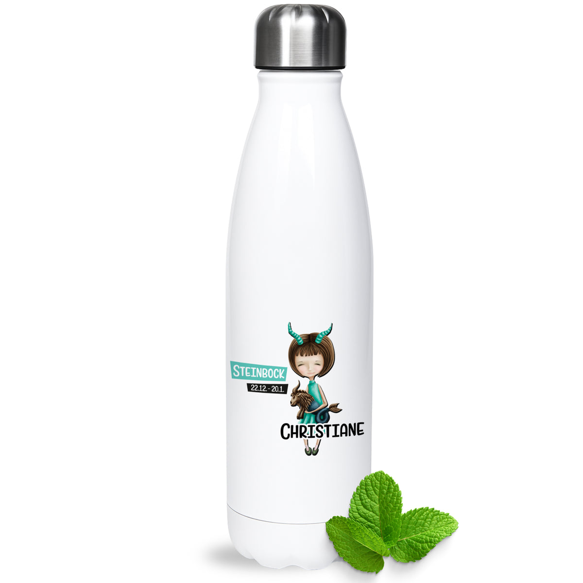 Weiße Edelstahl-Trinkflasche mit personalisiertem Design und Namen.