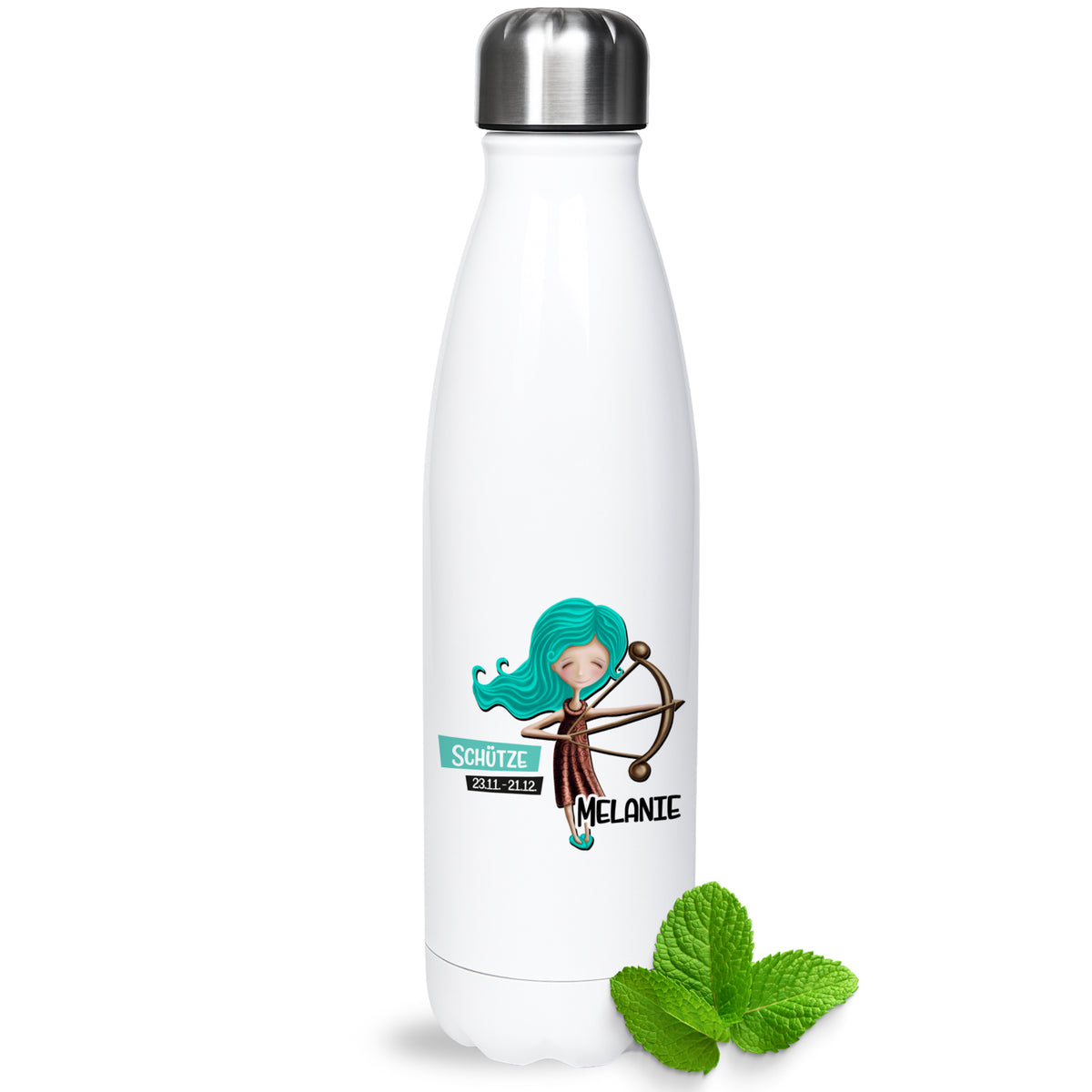 Weiße Edelstahl-Trinkflasche mit mintgrüner Figur und Namen.