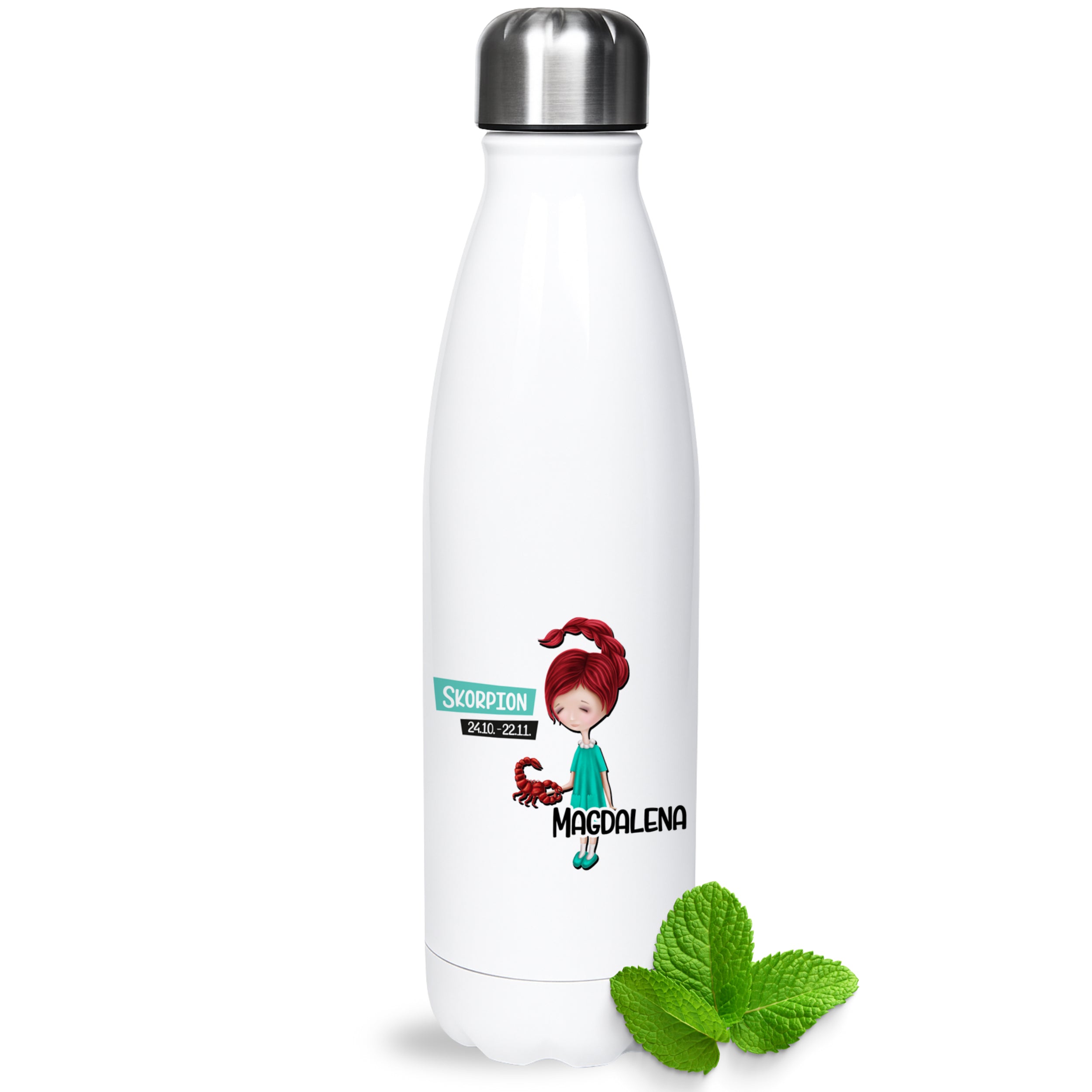 Weiße Edelstahl-Trinkflasche mit Skorpion-Motiv und roter Figur.