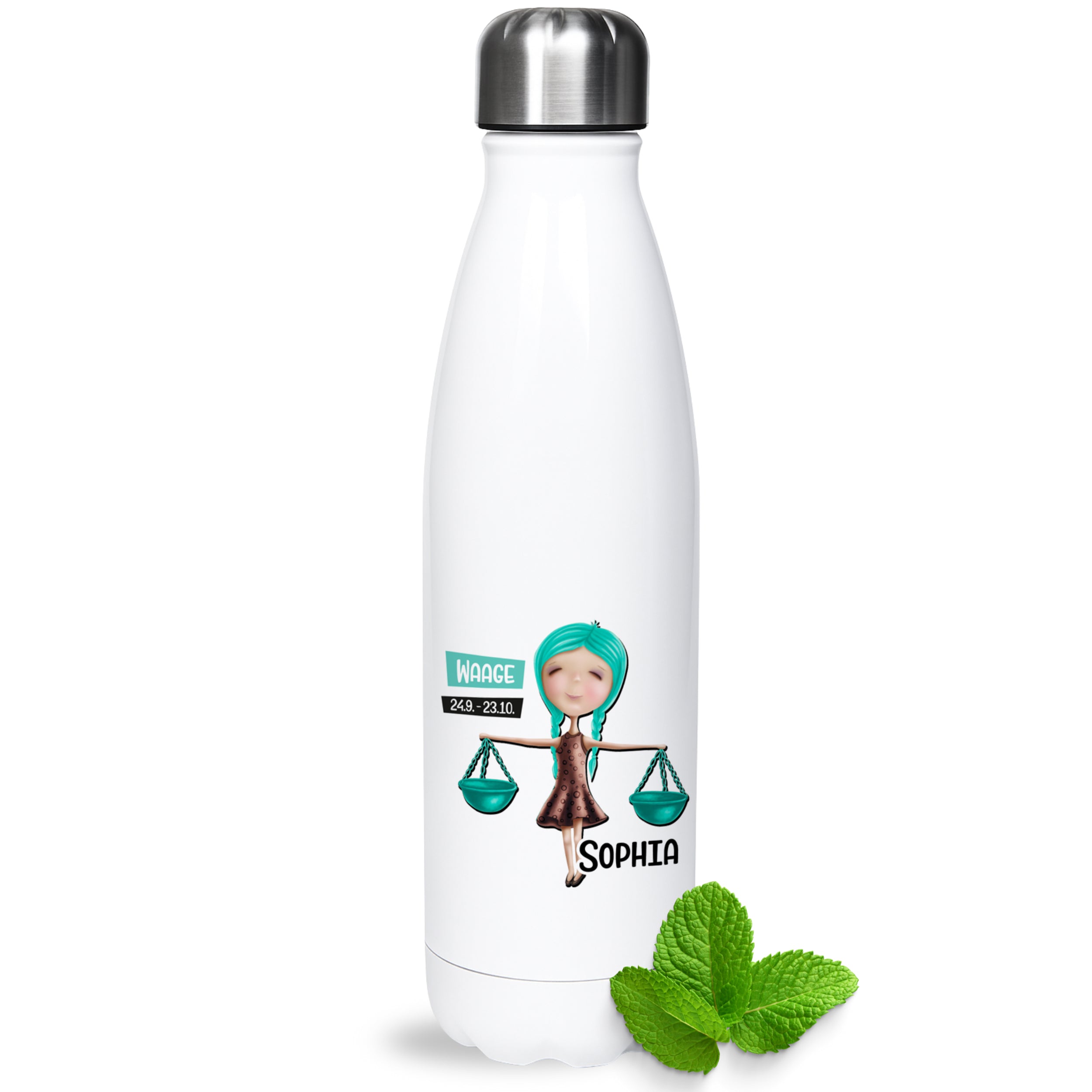 Weiße Trinkflasche mit Waage-Design und Name Sophia.