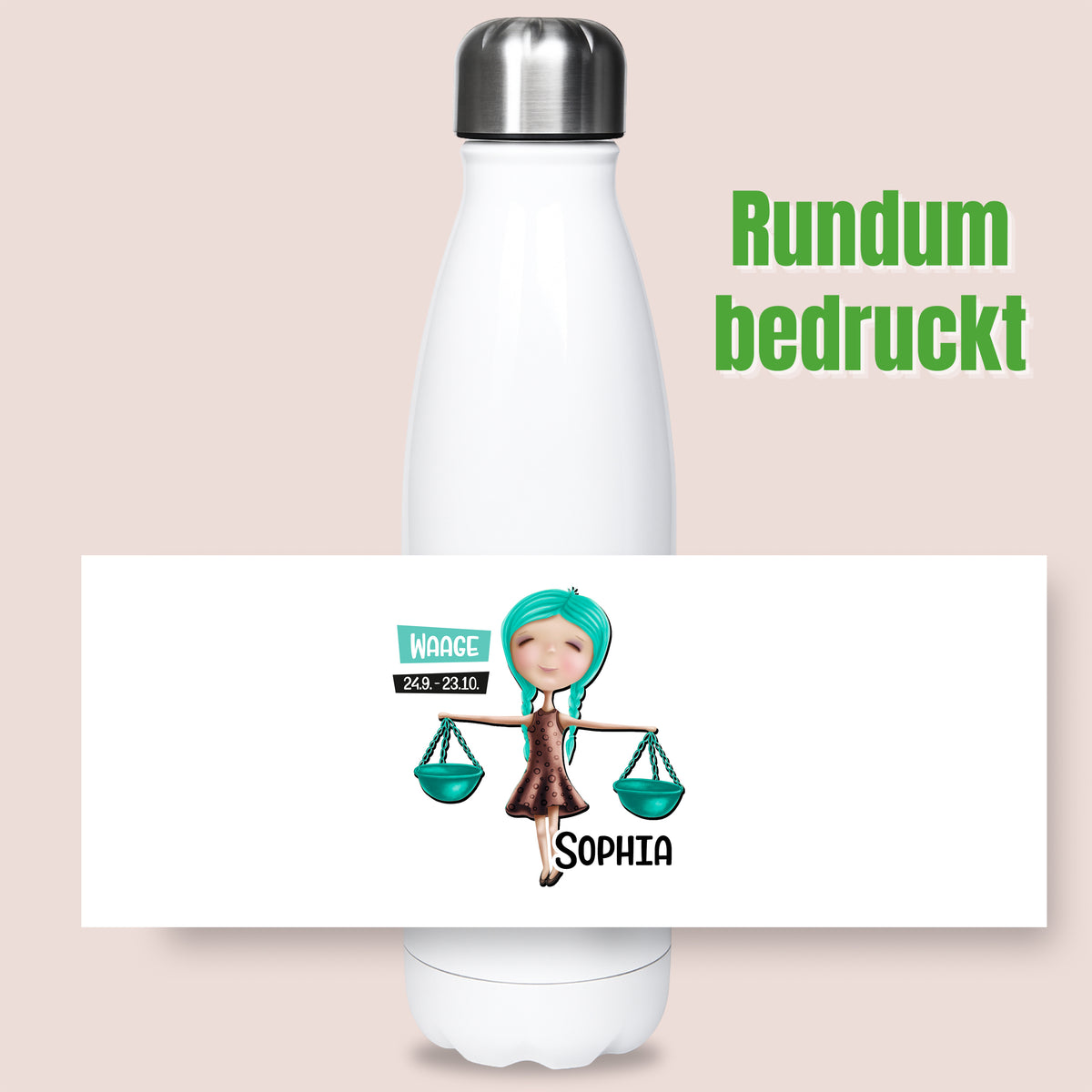 Weiße Trinkflasche mit Waage-Motiv und personalisiertem Namen.