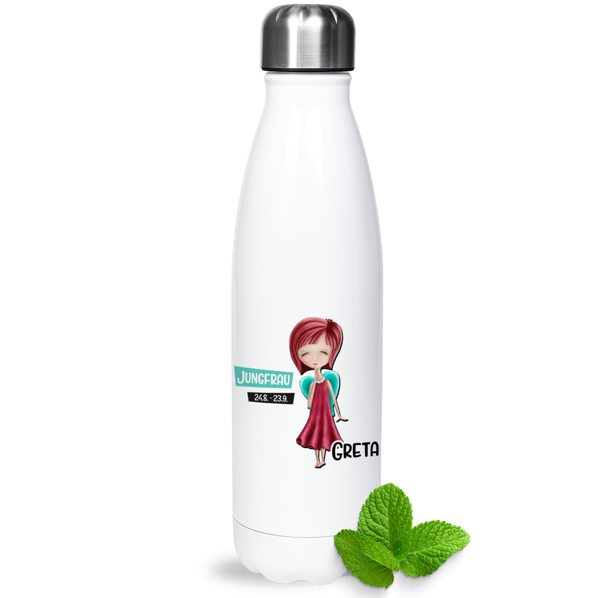 Weiße Edelstahl-Trinkflasche mit Greta-Illustration und Jungfrau-Sternzeichen.