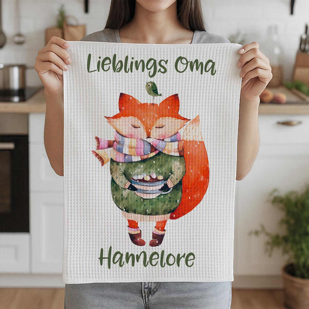 Frottiertuch mit buntem Fuchs und Text "Lieblings Oma Hamelore".