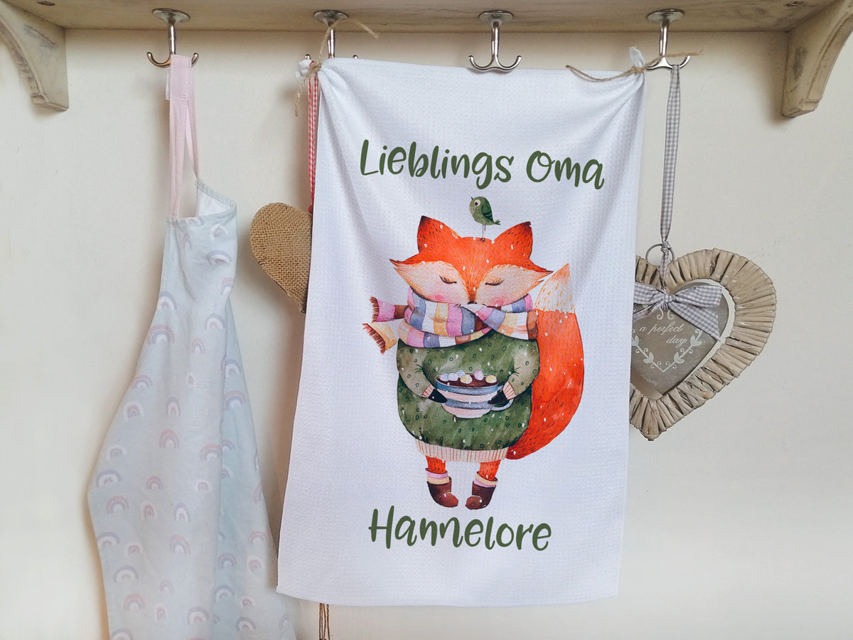 Handtuch mit Fuchs-Motiv, grün-rot, für Lieblingsoma Hannelore.