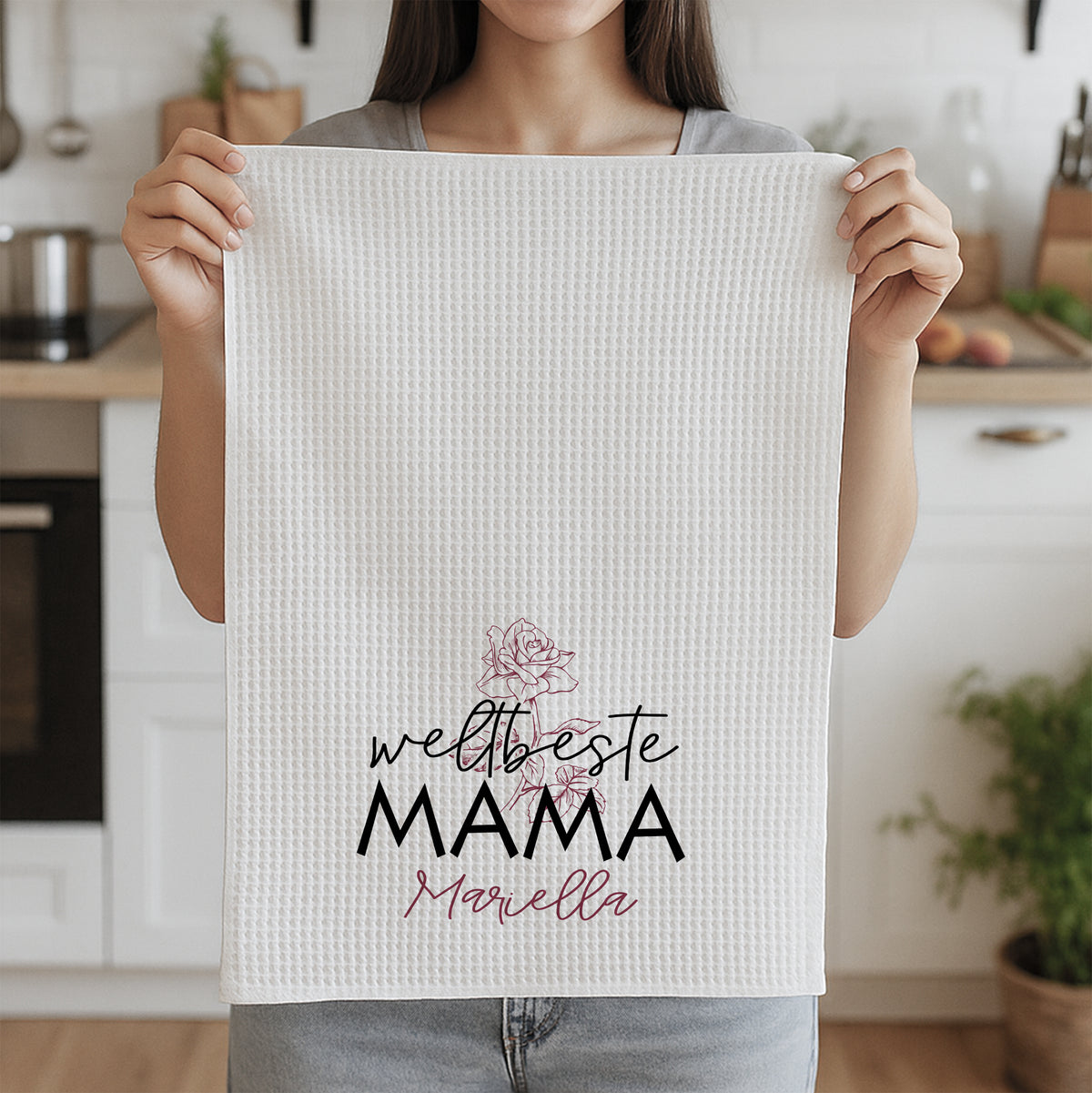 Weiße Küchentuch mit Aufdruck "weltbeste MAMA" und Rose.