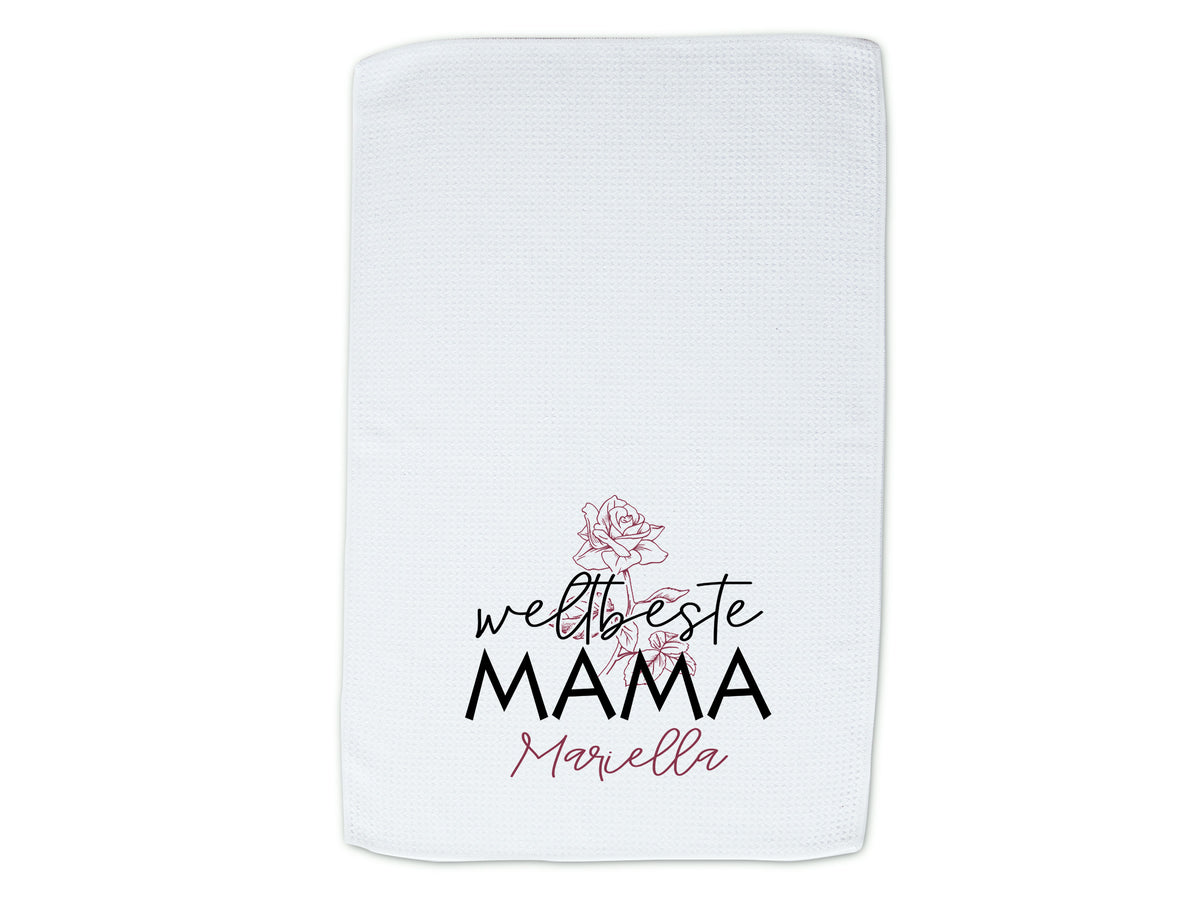 Weißes Handtuch mit Aufdruck "weltbeste MAMA" und Blumenmotiv.