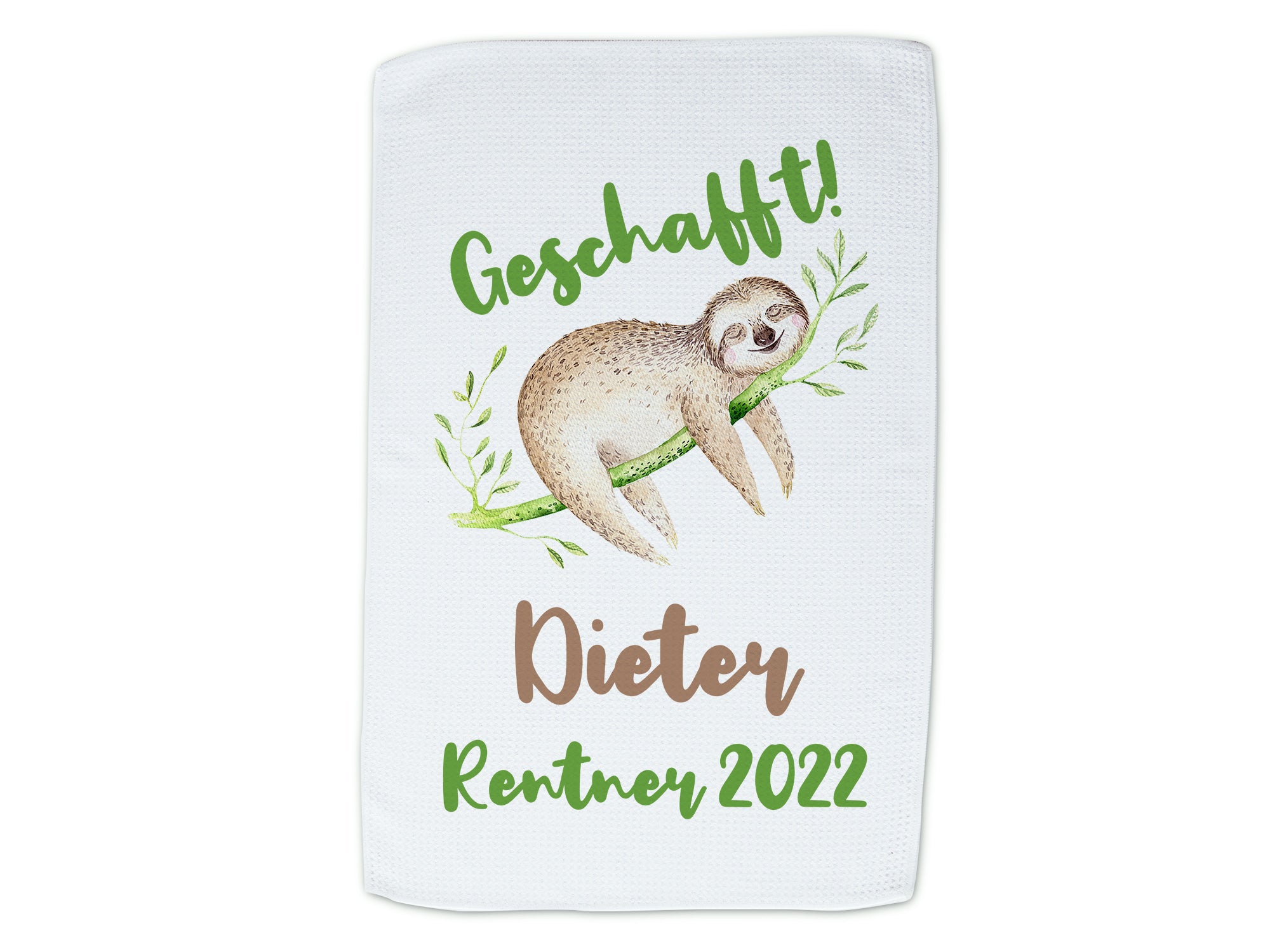 Geschafft! Faultier-Design, grüne Schrift, personalisiert für Dieter.