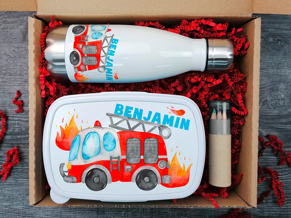 Wasserflasche und Brotdose mit Feuerwehr-Motiv, personalisiert für Benjamin.