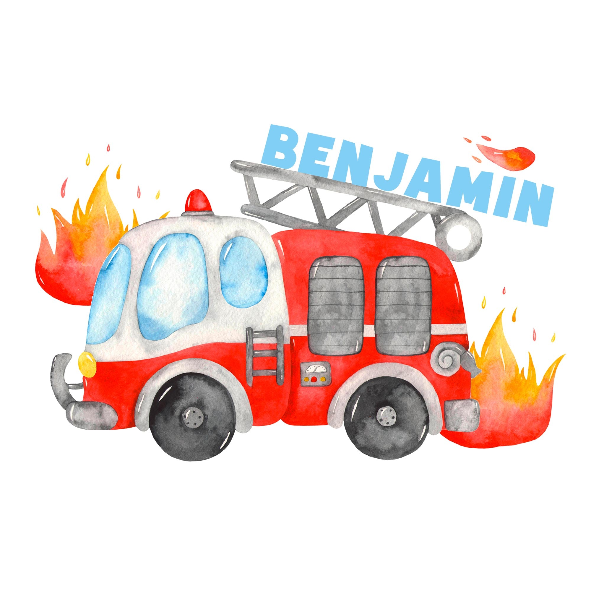 Rotes Feuerwehrauto mit Flammen und dem Namen Benjamin.