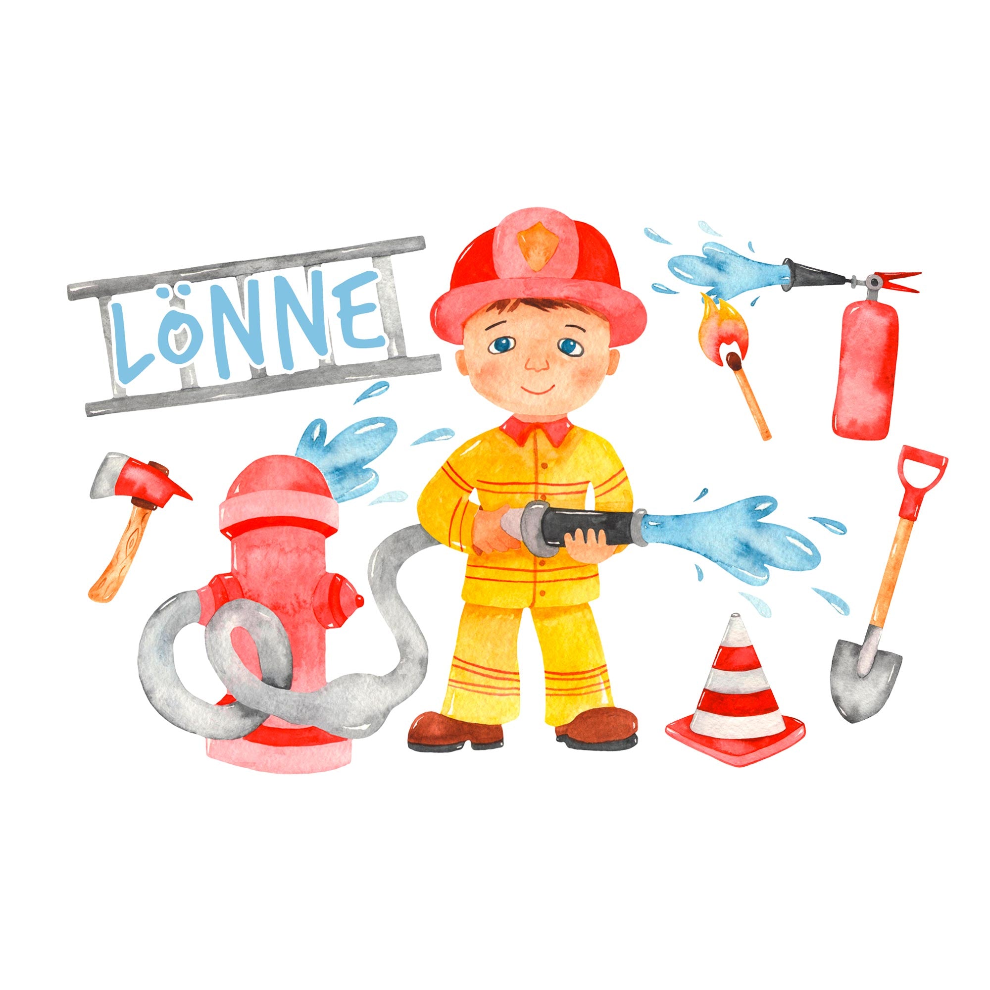 Feuerwehrmann in gelber Uniform mit Feuerwehrschlauch und Hydrant.