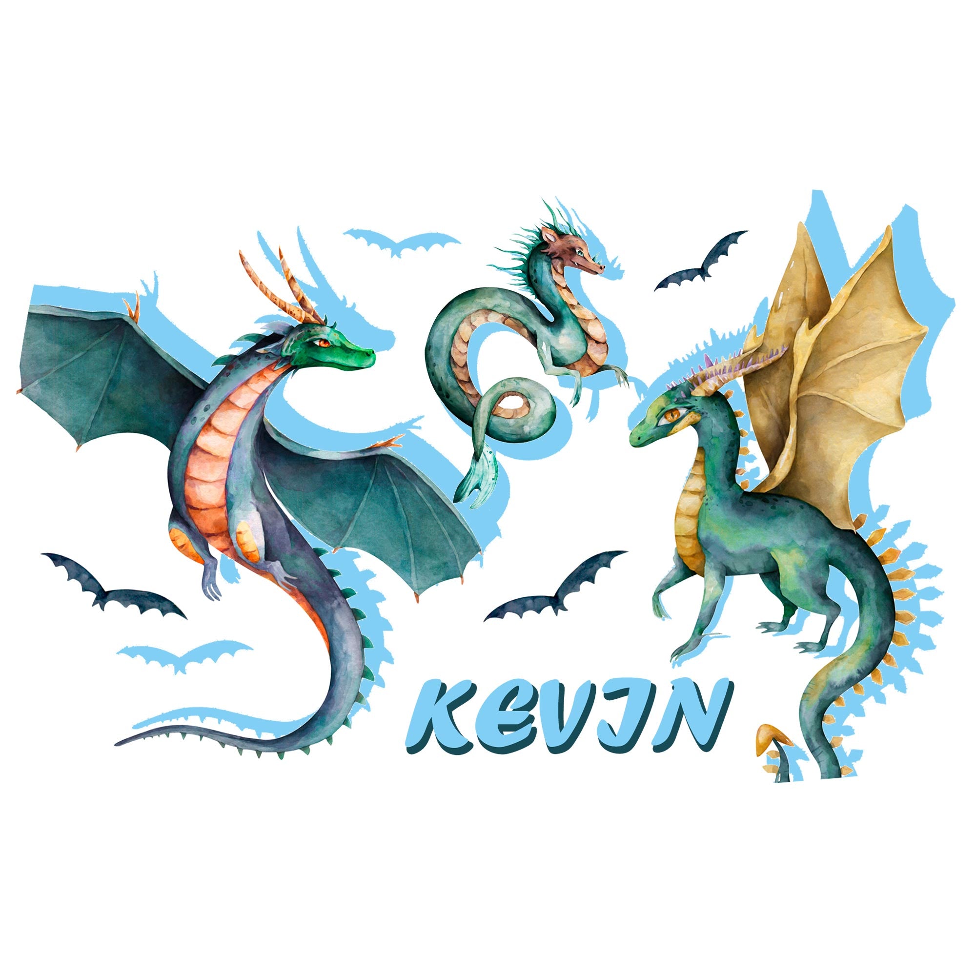 Drei bunte Drachen in Blau- und Grüntönen mit Schriftzug "KEVIN".