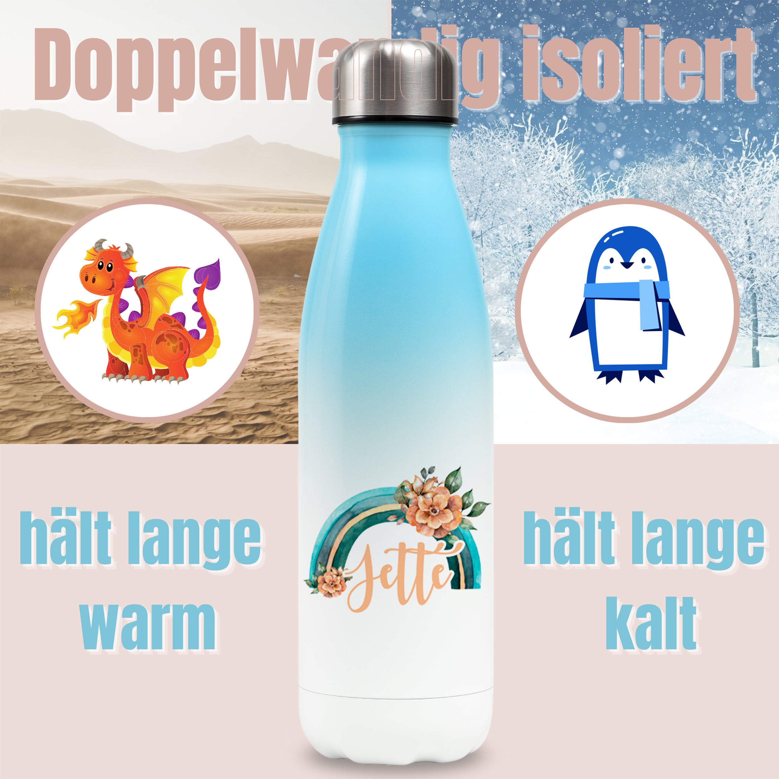 Doppelwandige isolierte Trinkflasche in Blau mit Blumenmotiv.