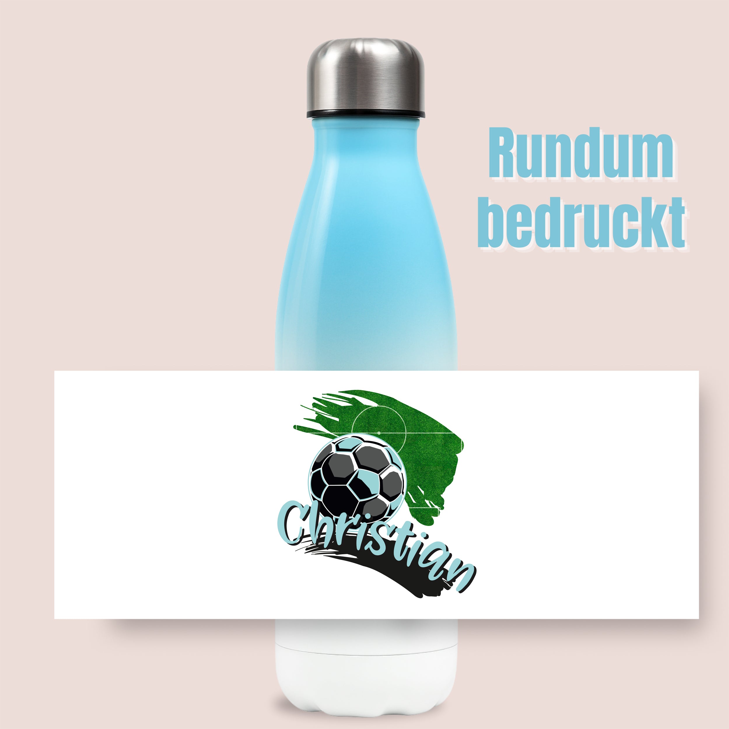 Blaue Trinkflasche mit Fußball-Design und Namen Christian.