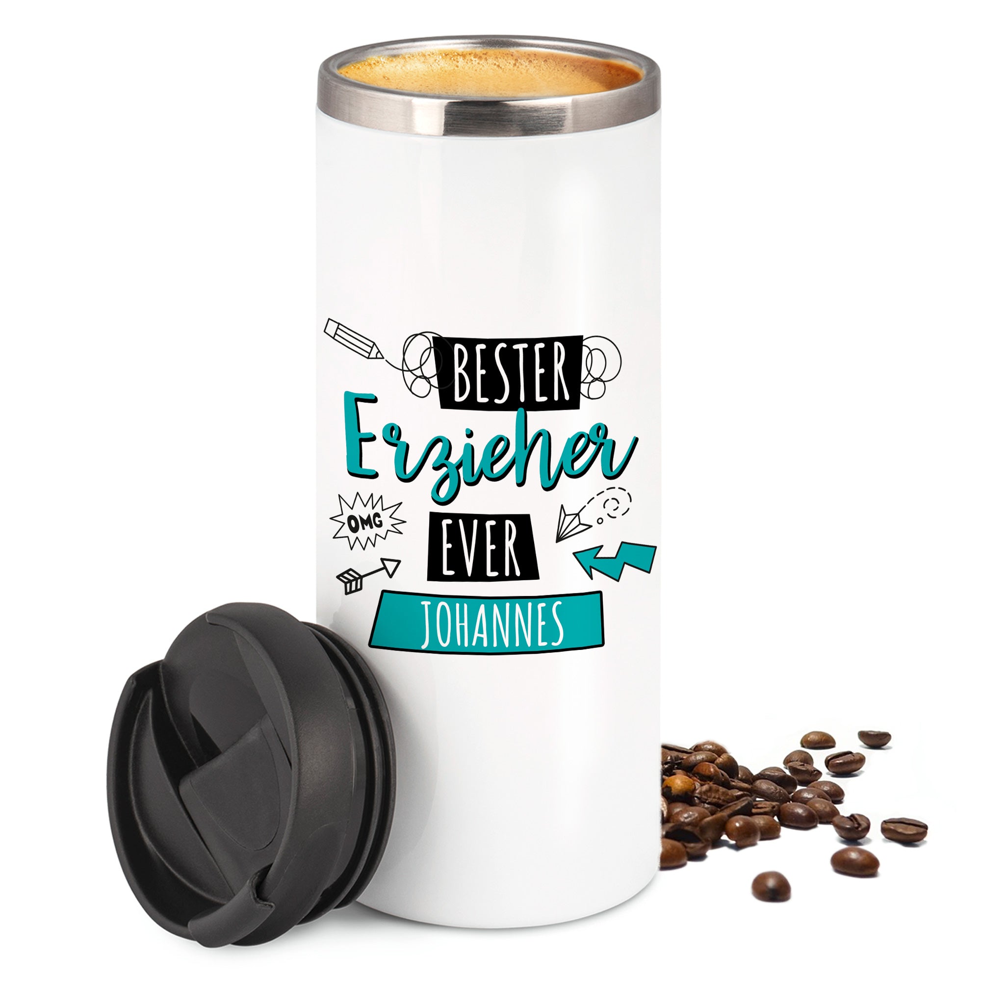 Weißer Thermobecher mit Aufschrift "Bester Erzieher Ever Johannes".