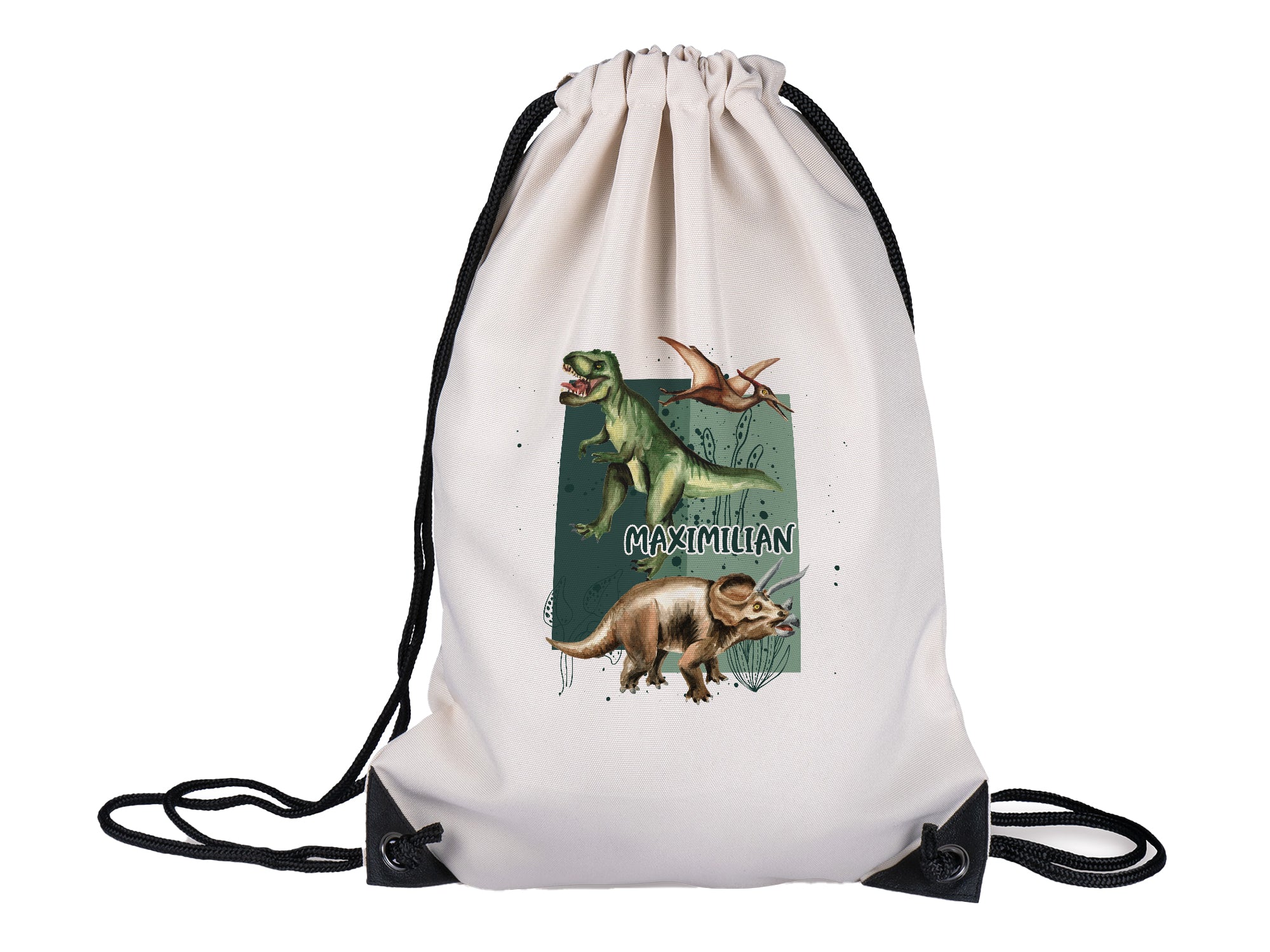 Beige Turnbeutel mit Dinosauriern und dem Namen Maximilian.