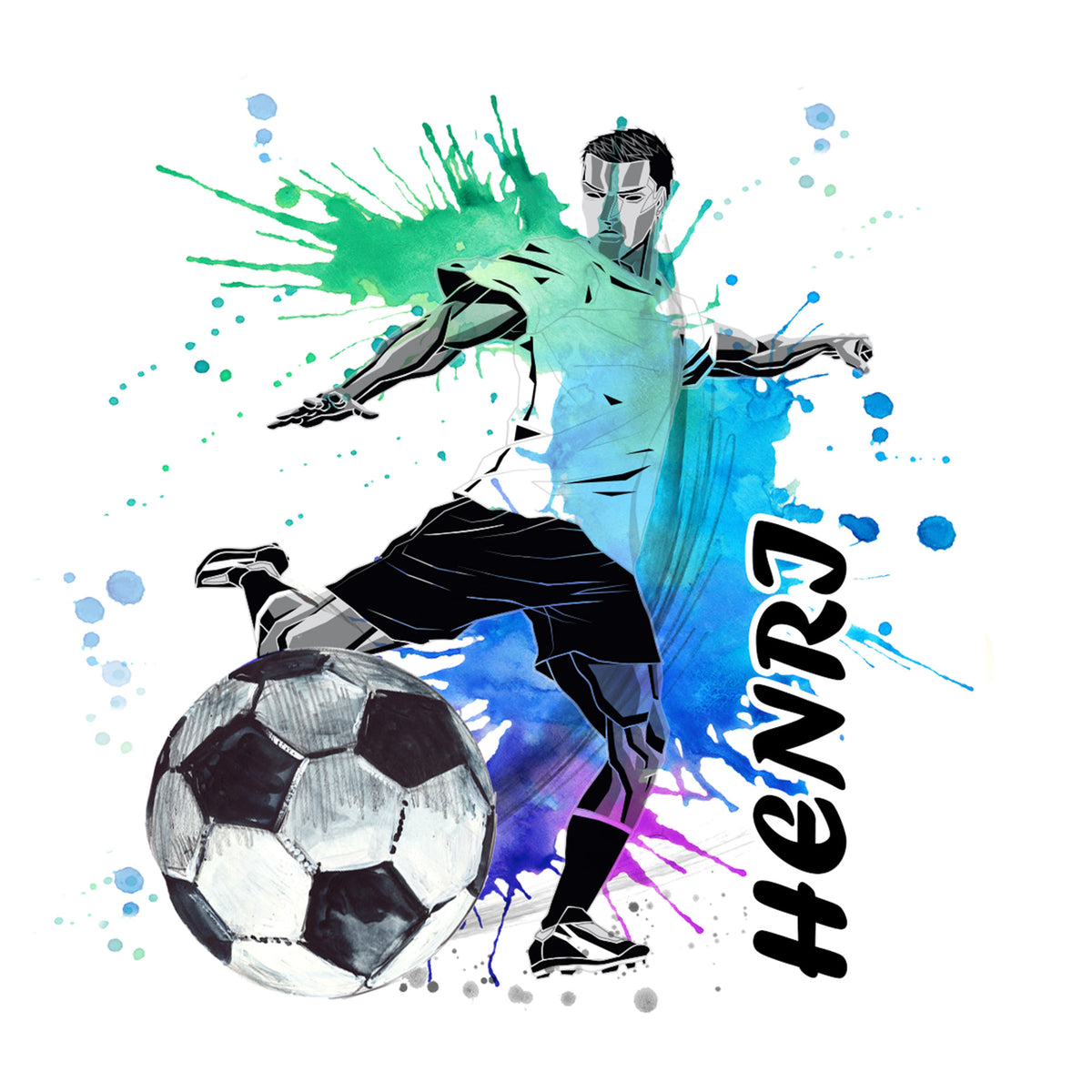 Fußballspieler mit Ball, grüne und blaue Spritzer, Name "HENRI".