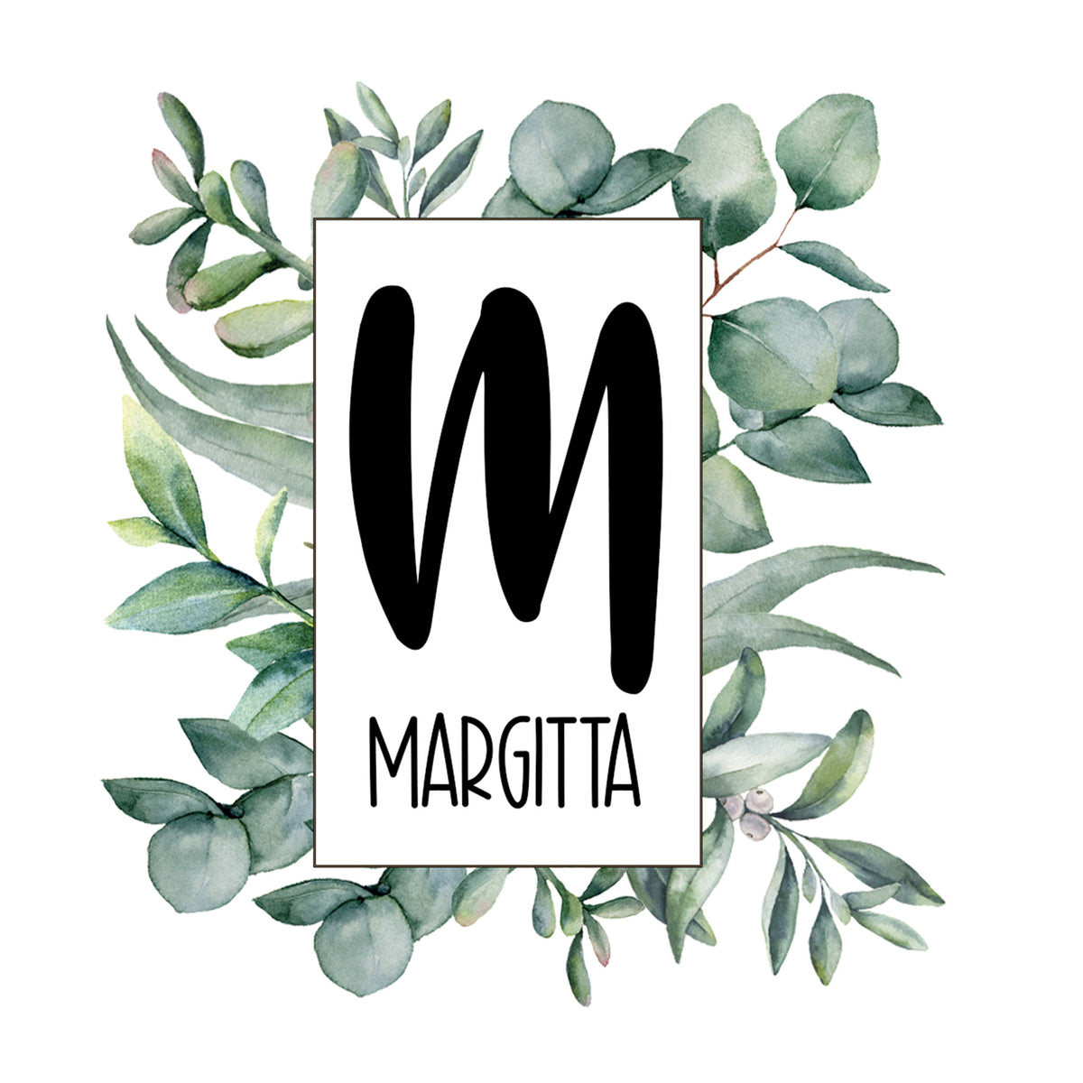 Schwarzer Schriftzug "MARGITTA" umgeben von grünen Blättern.